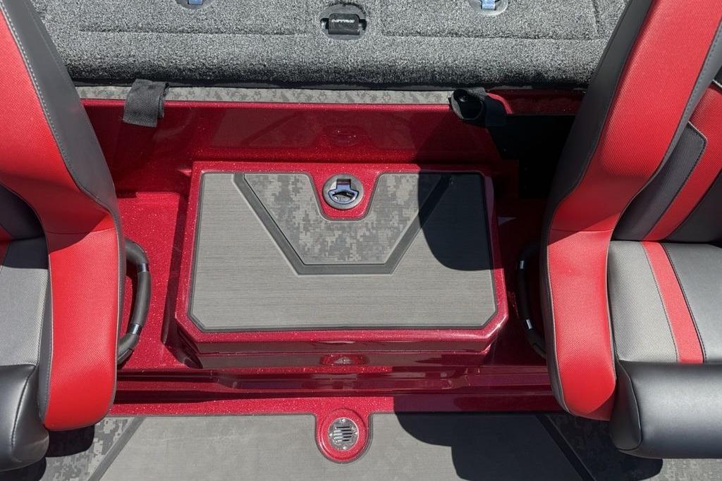 Interior of 2026 Nitro Z20 XL Pro boat with red and black seating.