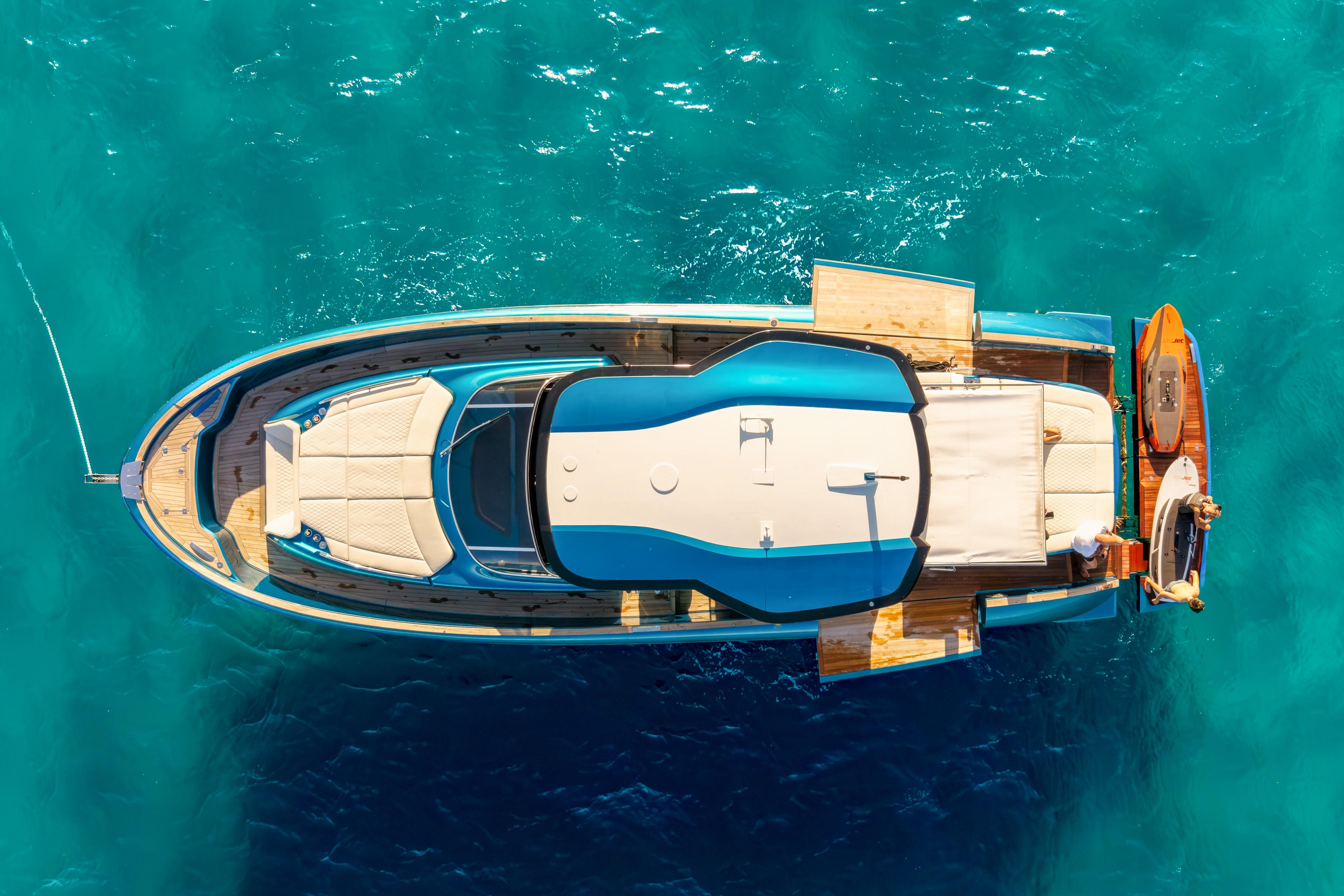 Top view of 2024 Solaris Power 52 Open yacht on turquoise water.