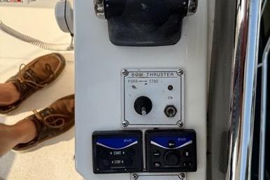 Control panel of a 2007 Island Pilot 395 boat, featuring bow thruster controls.