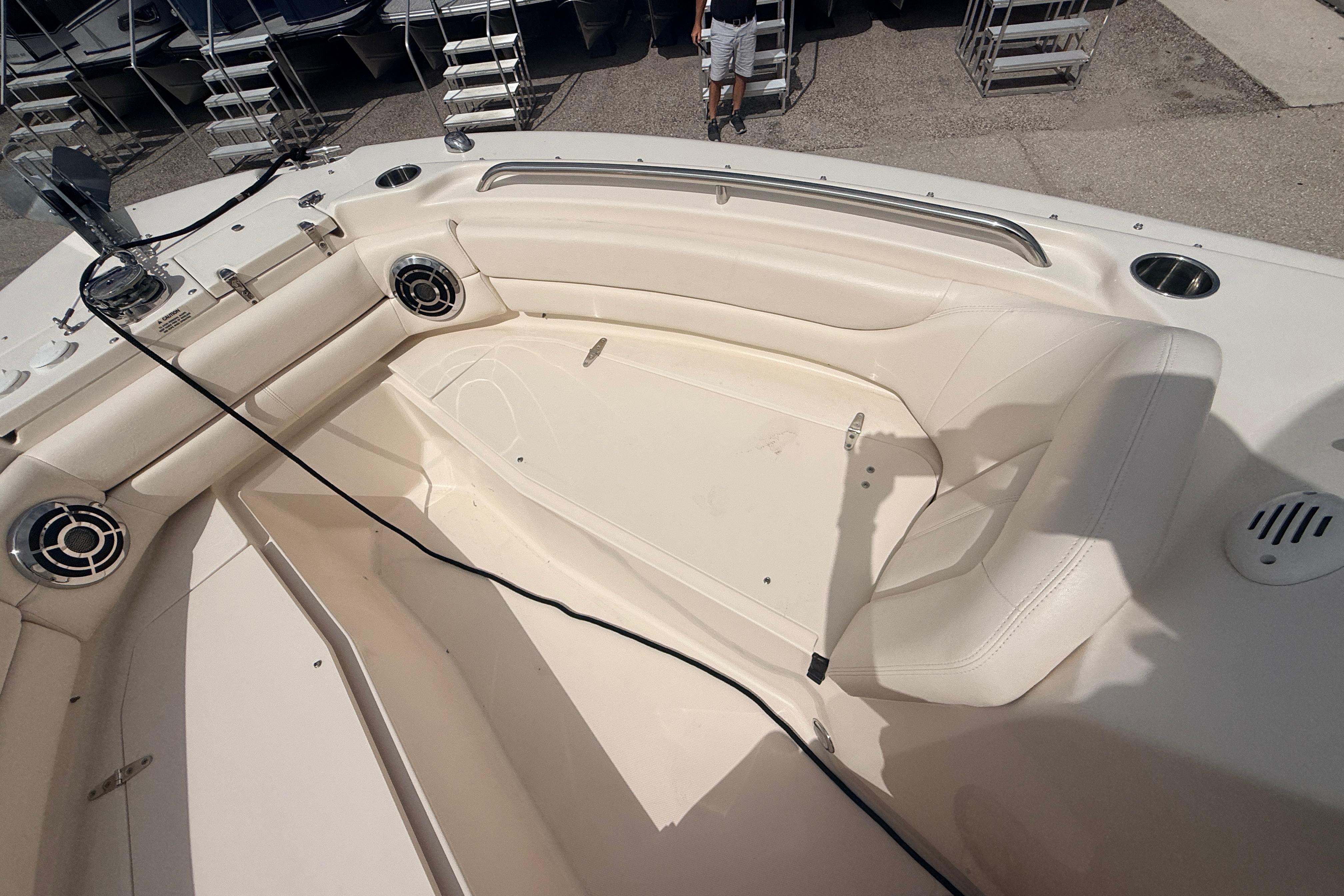 2015 Grady-White Freedom 255 boat interior with seating and speakers.