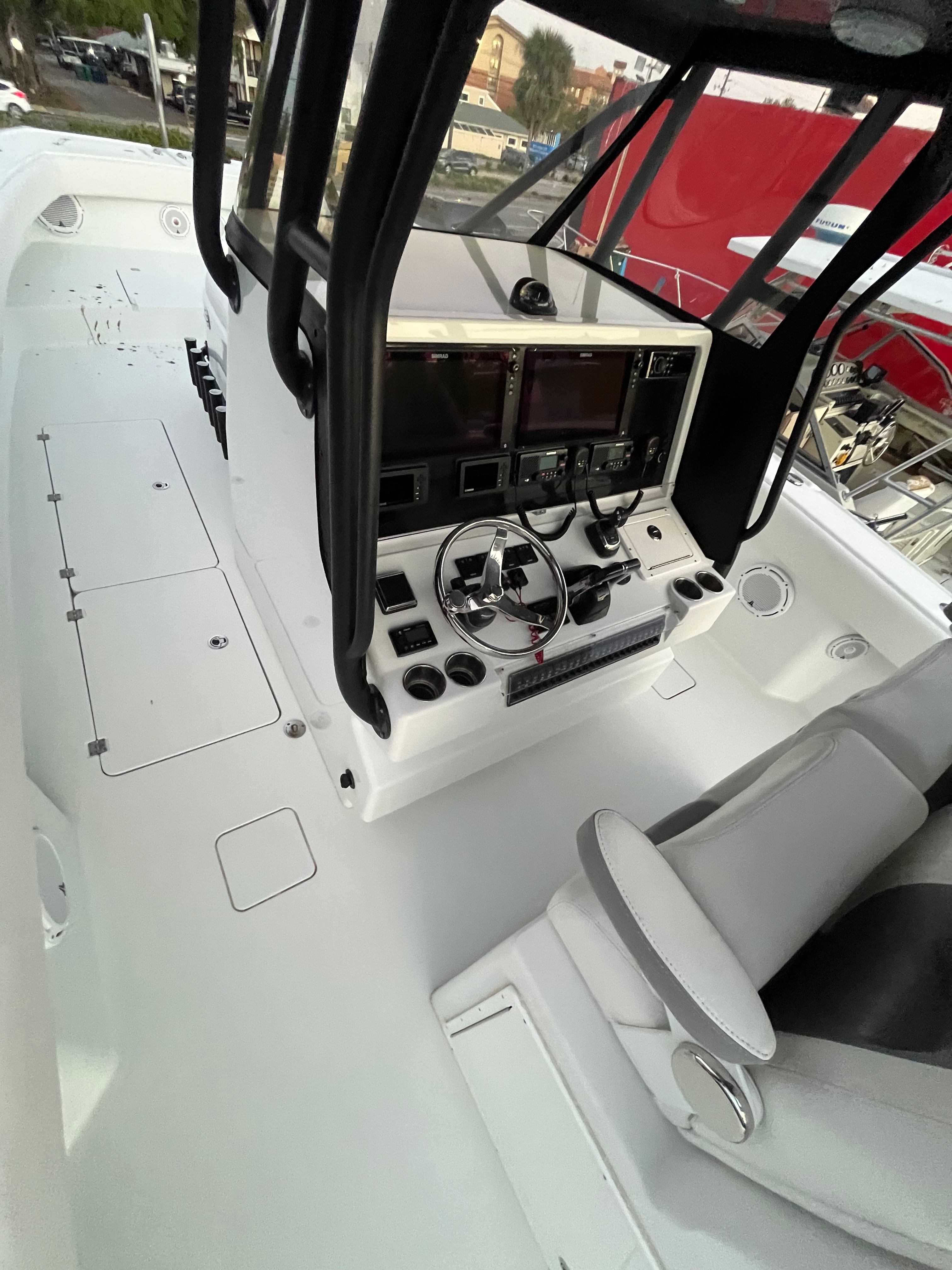 Interior view of a Freeman 37VH boat helm, model year 2017.