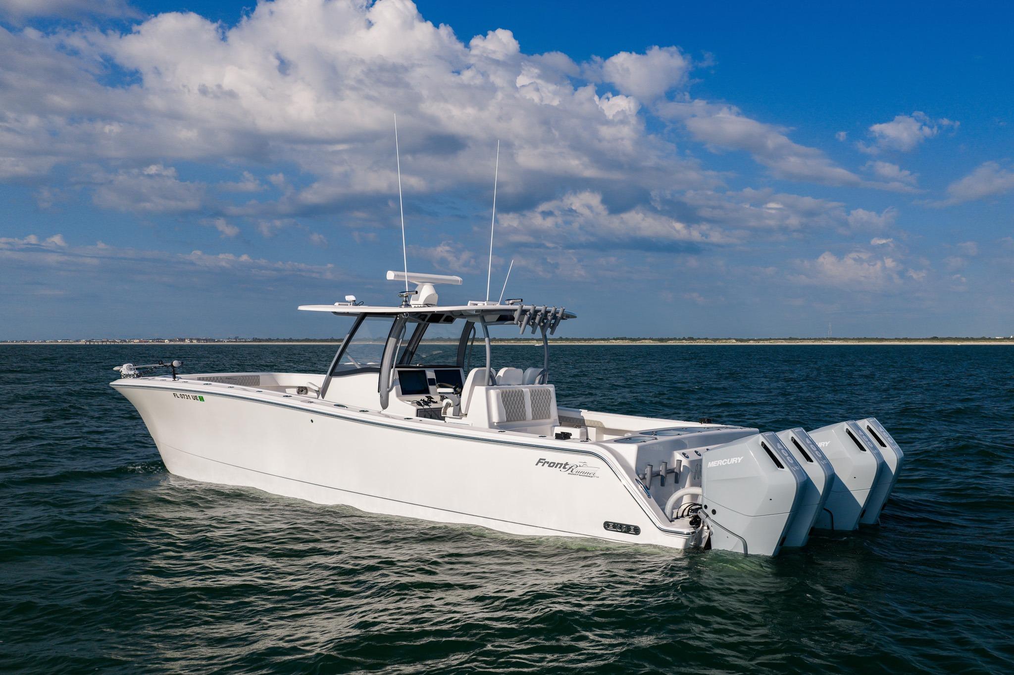 2026 Front Runner 37 Catamaran on open water under a blue sky.