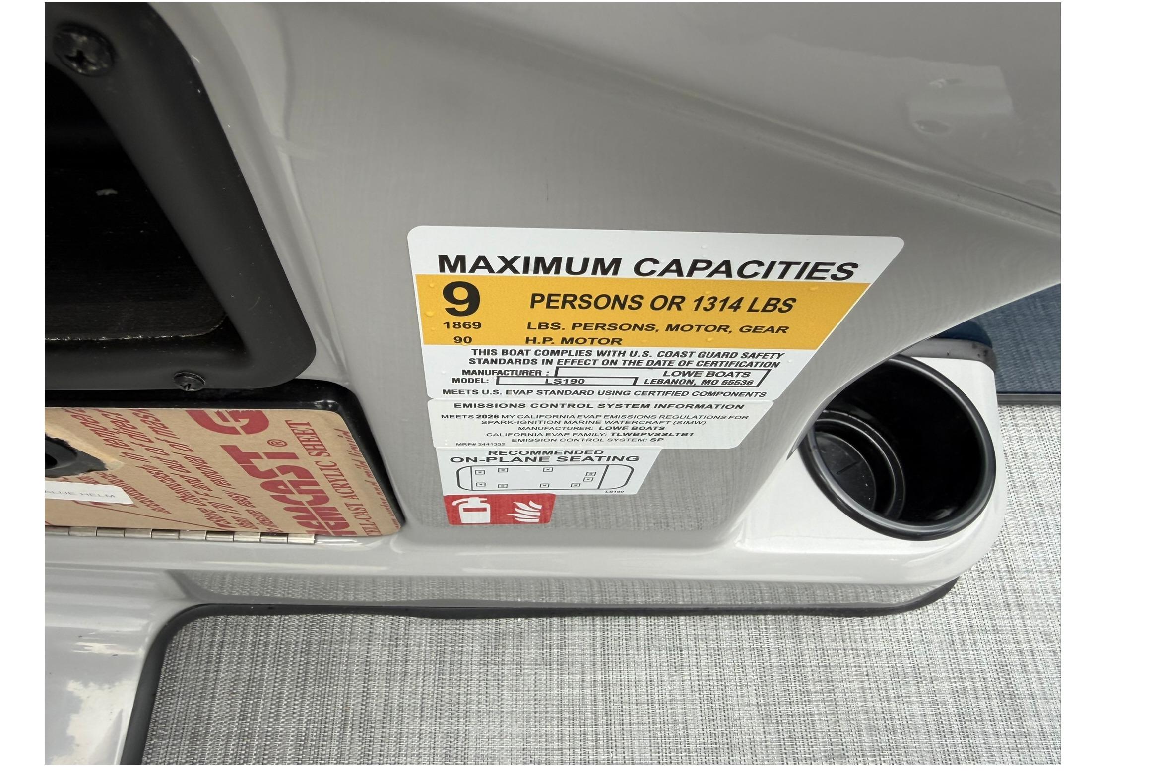 Maximum capacity label on 2026 Lowe LS 190 boat, indicating 9 persons or 1314 lbs.