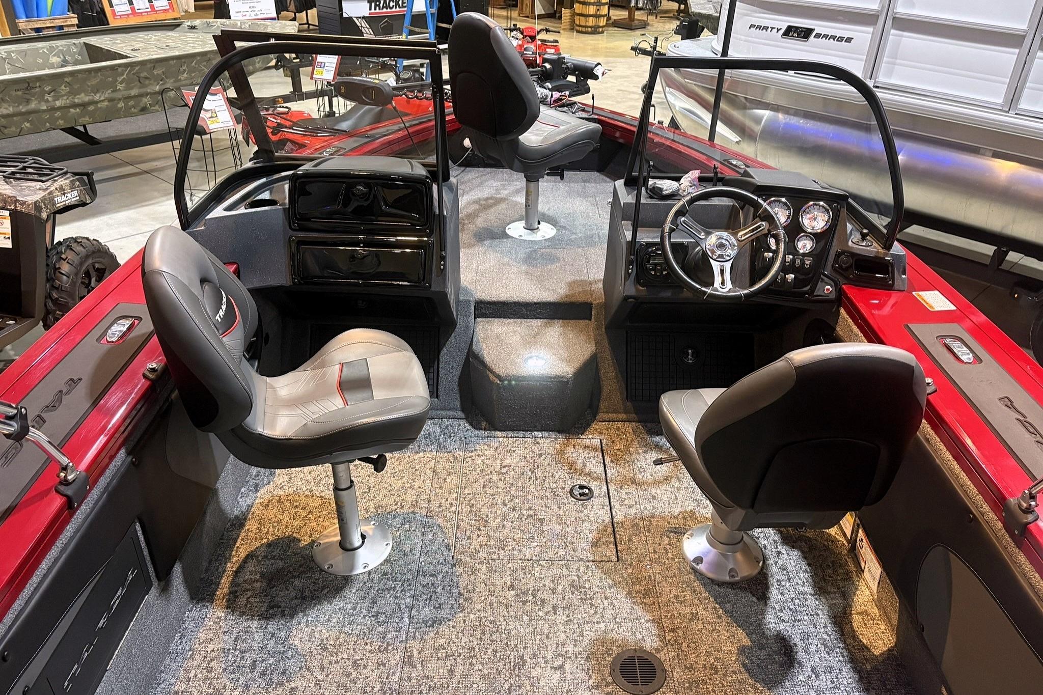 2025 Tracker Targa V-19 WT boat interior with dual seats and steering console.