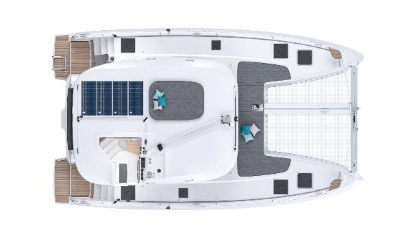 Top view of 2025 Lagoon 38 catamaran with solar panels and spacious deck layout.