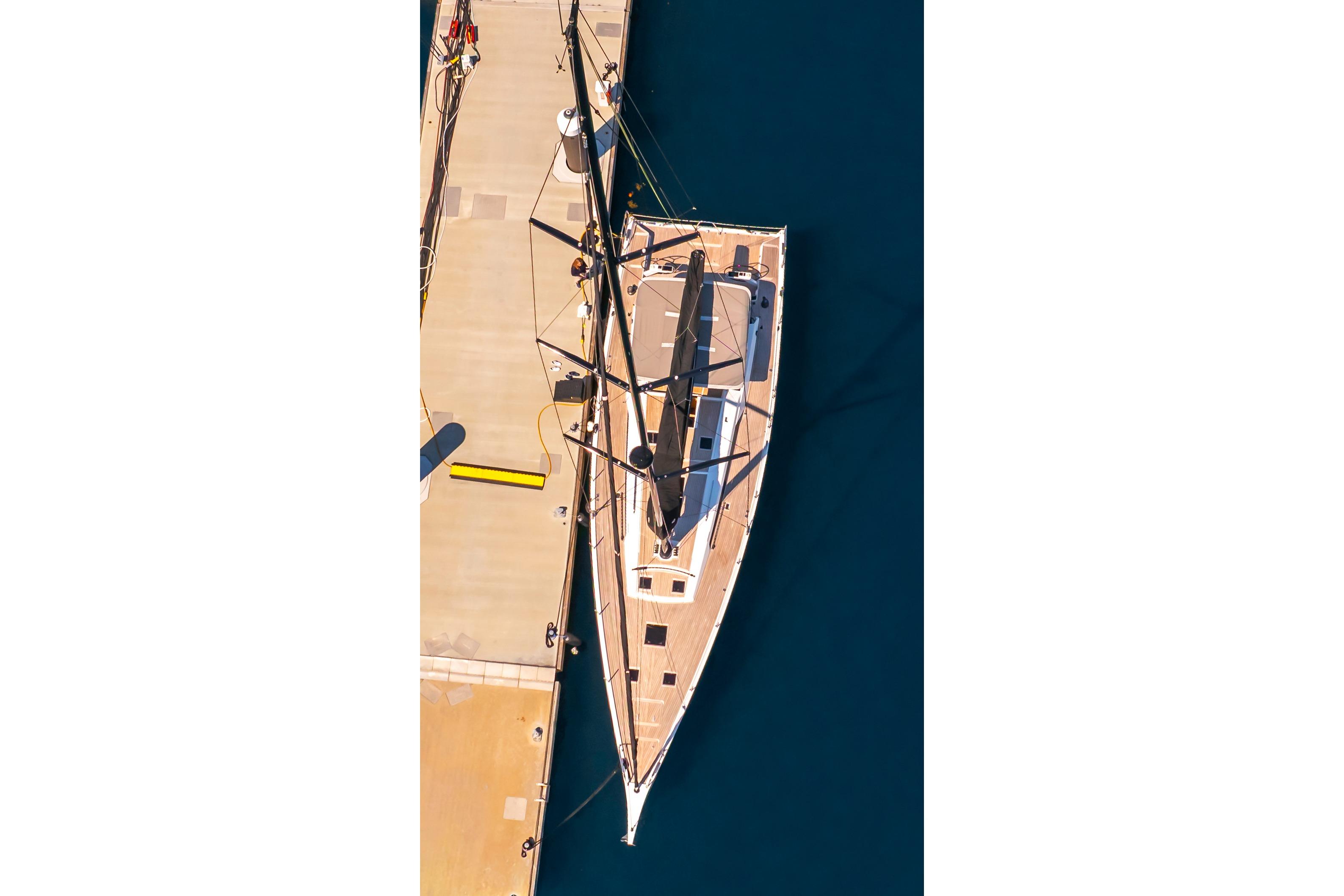 Aerial view of a 2016 Grand Soleil 58 yacht docked at a marina.