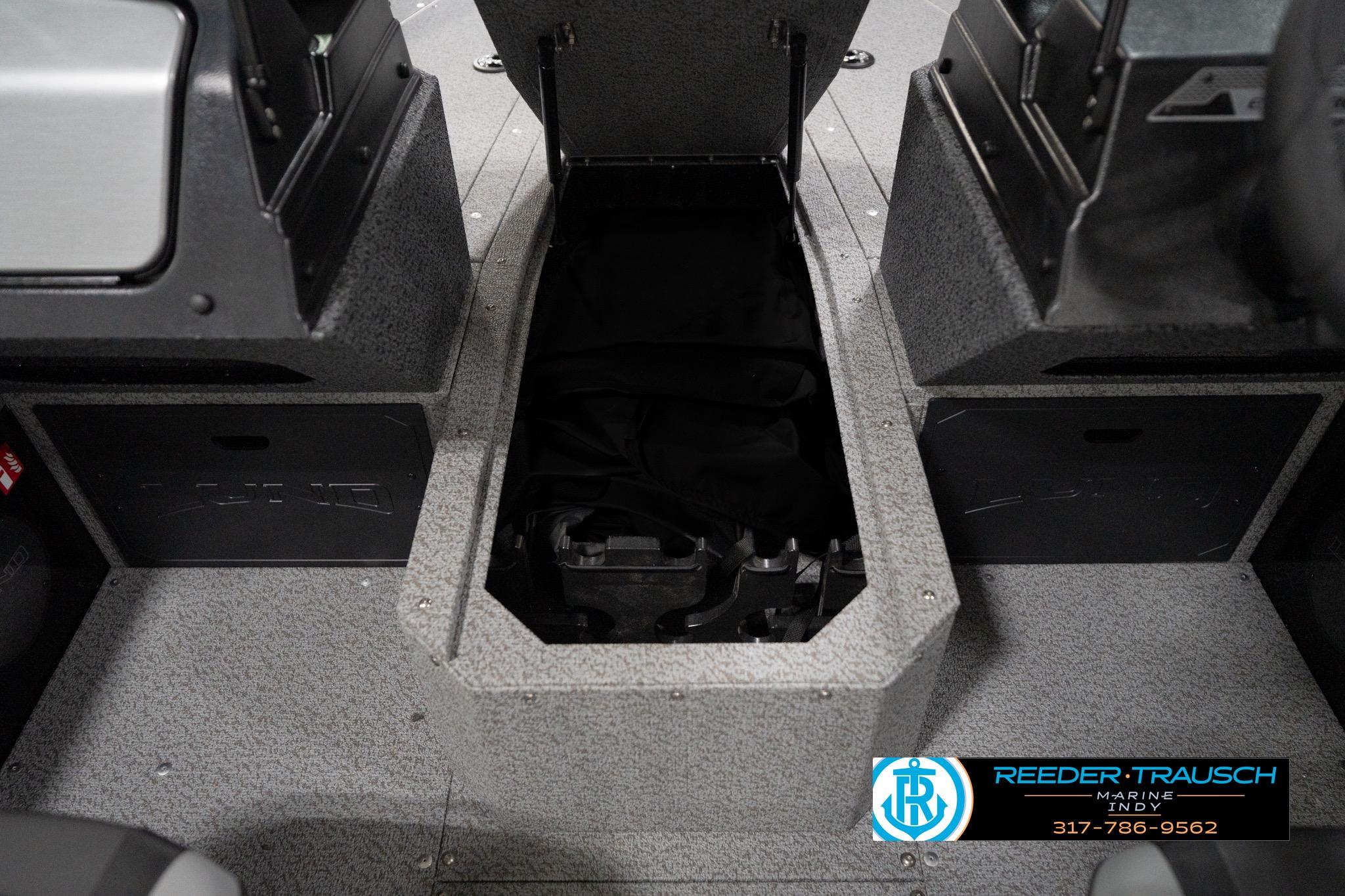 2026 Lund 1800 Explorer Sport boat interior storage compartment, gray finish, Reeder-Trausch Marine logo.