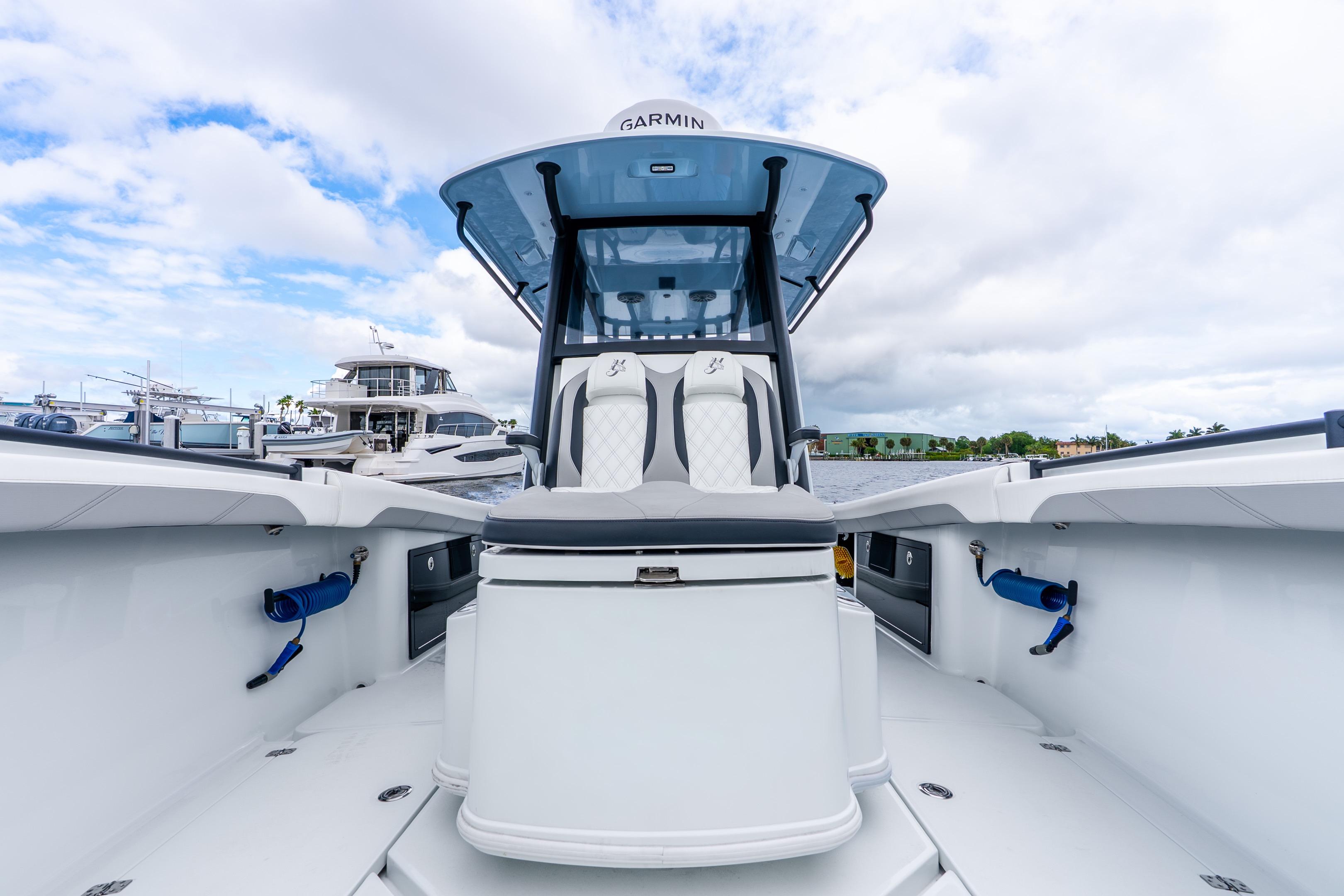 2025 Yellowfin 36 Offshore boat with sleek design and modern features, docked at marina.