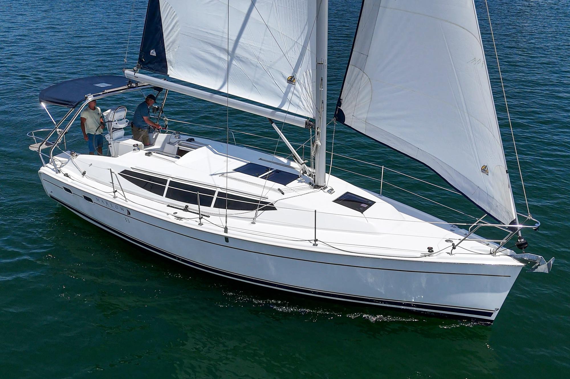 2015 Hunter 33 sailboat cruising on open water with full sails.