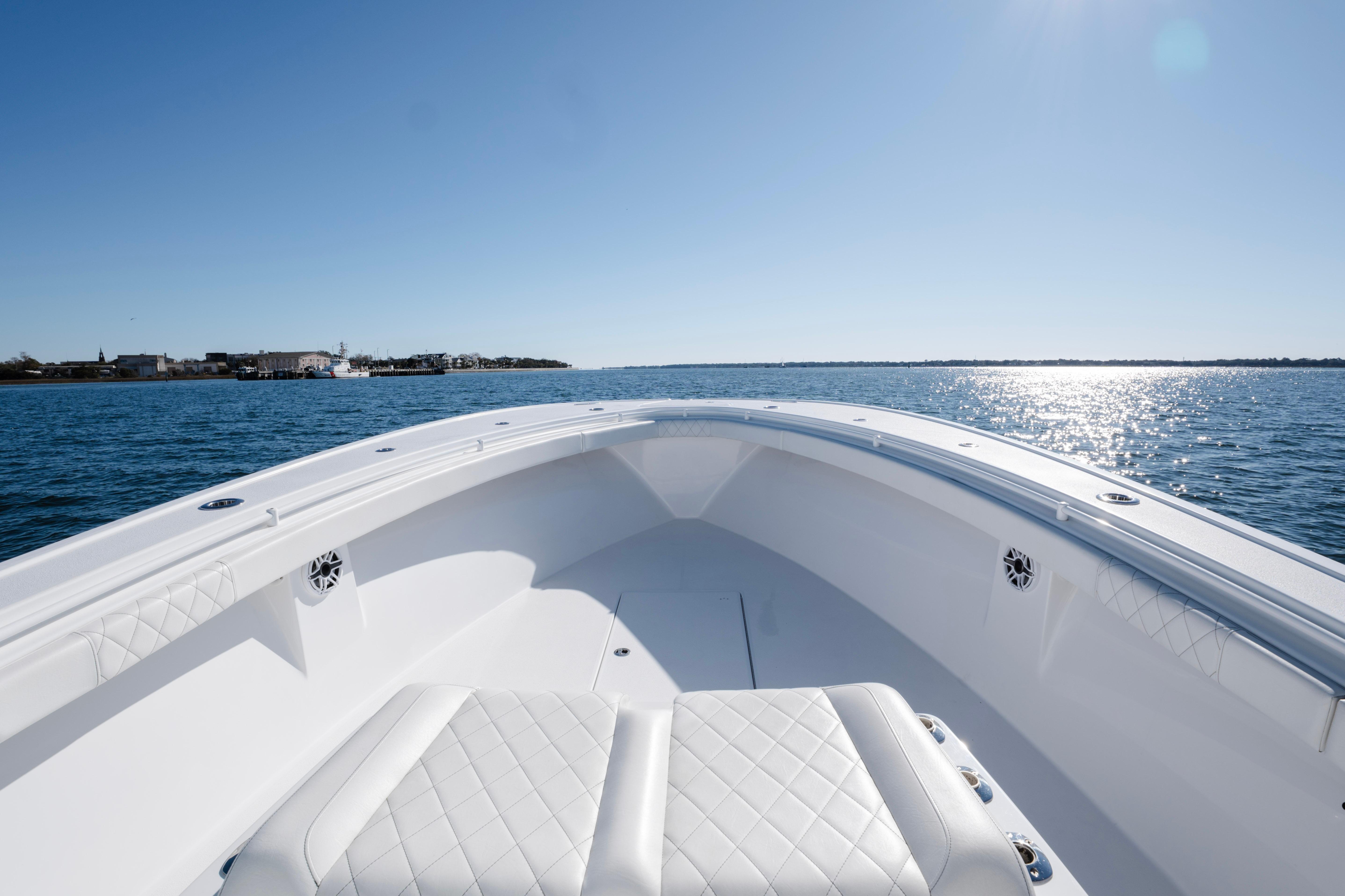2021 Onslow Bay 41 Tournament Edition boat on calm ocean waters under clear blue sky.
