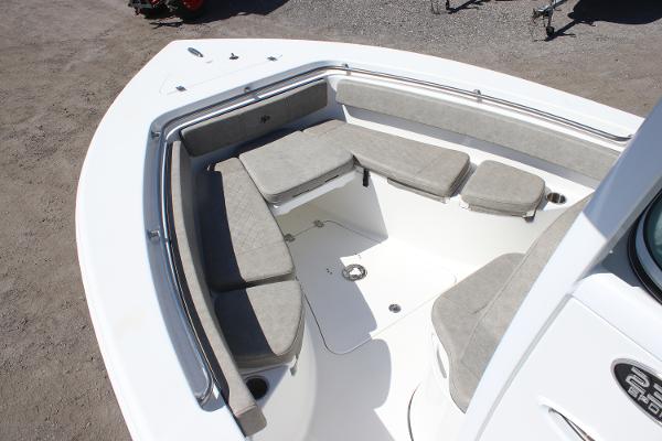 2023 Sea Pro 239 Center Console boat with spacious seating area and cushioned seats.