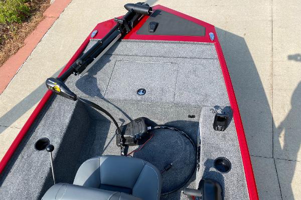 2025 Tracker Panfish 17 boat with red trim and gray interior, featuring a trolling motor.