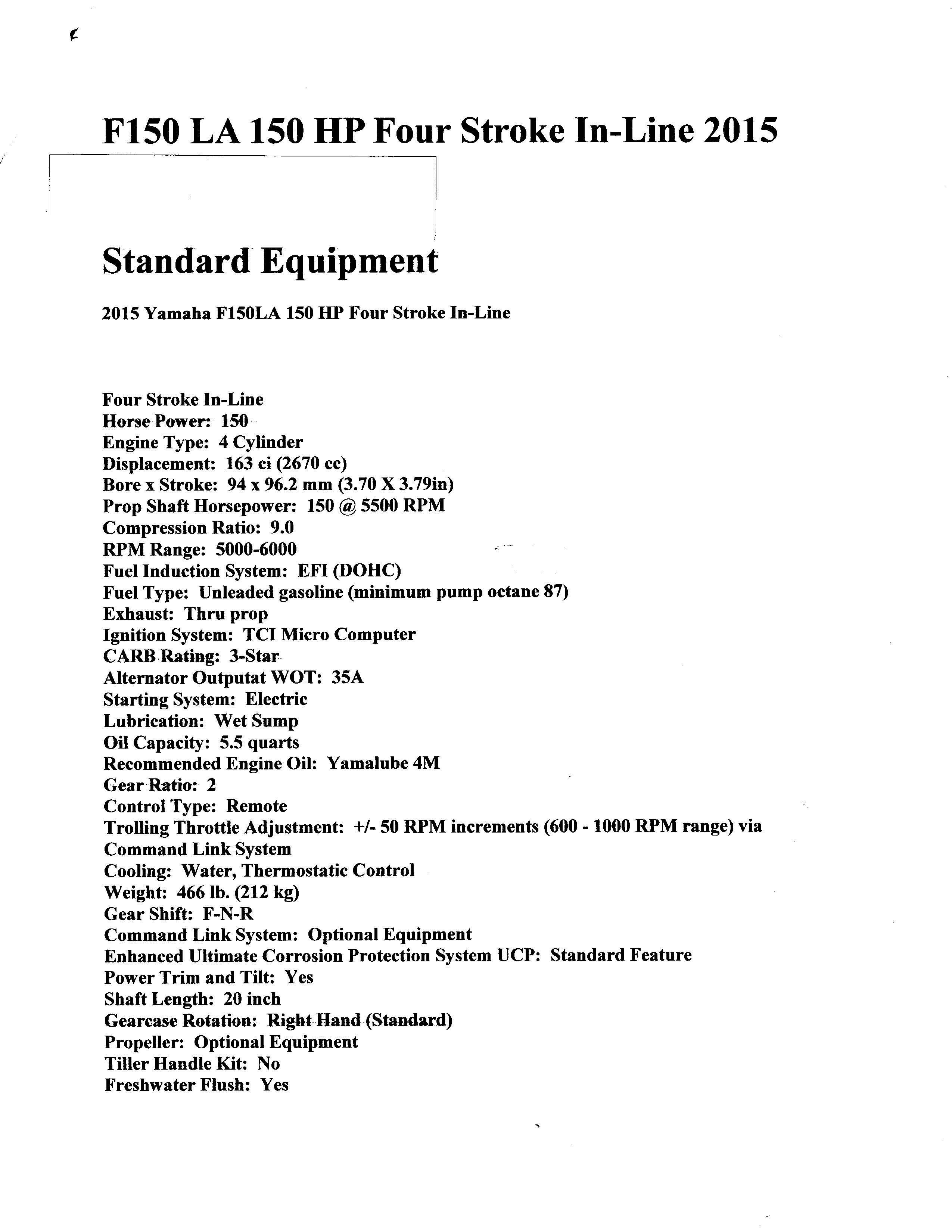 Standard equipment for the 2015 Yamaha F150LA 150 HP four-stroke engine, including technical specifications.