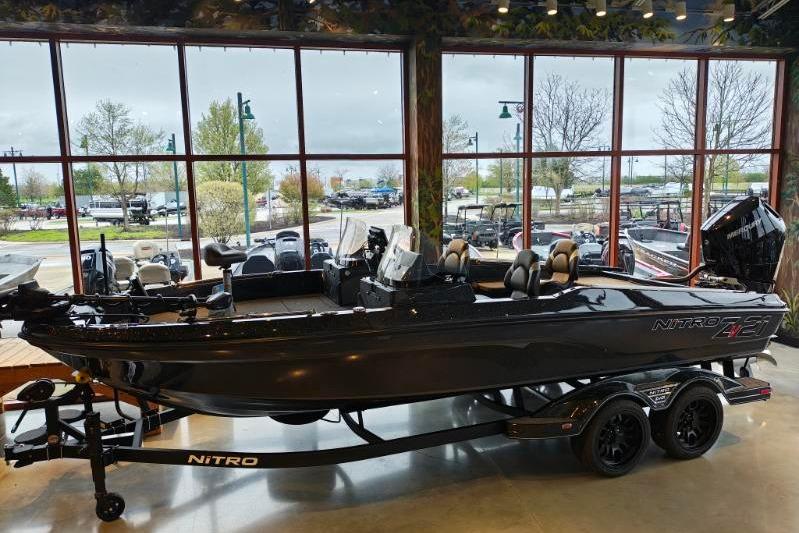 2026 Nitro ZV21 boat displayed indoors with large windows in the background.