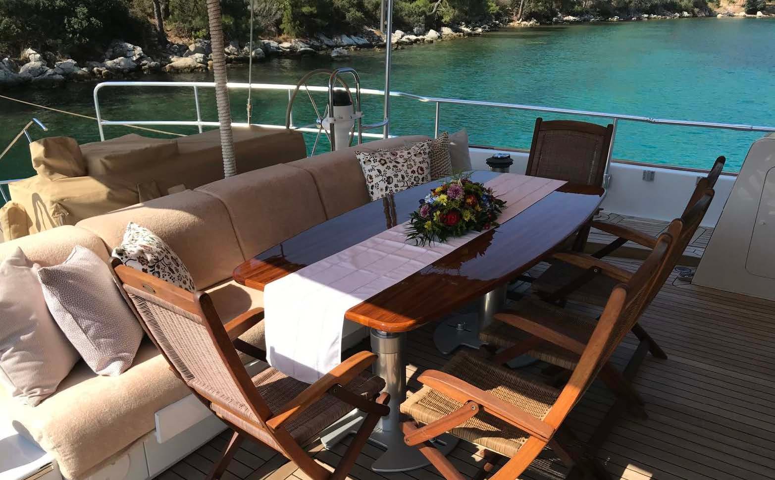 Luxurious 2006 Custom Motorsailer deck with elegant dining setup overlooking serene turquoise waters.