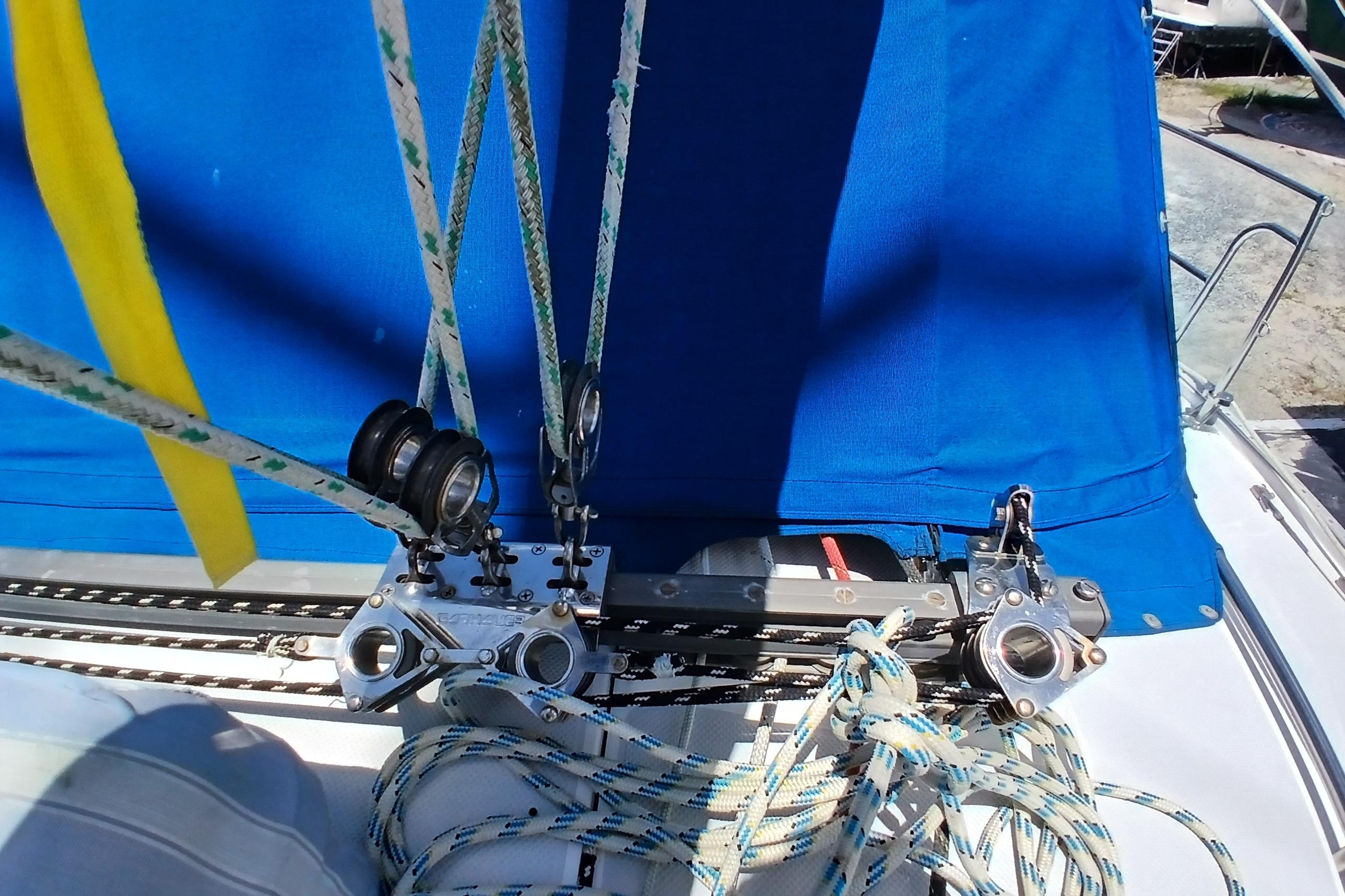 Close-up of Catalina 42 MkII sailboat rigging and blue sail cover, 1995 model.