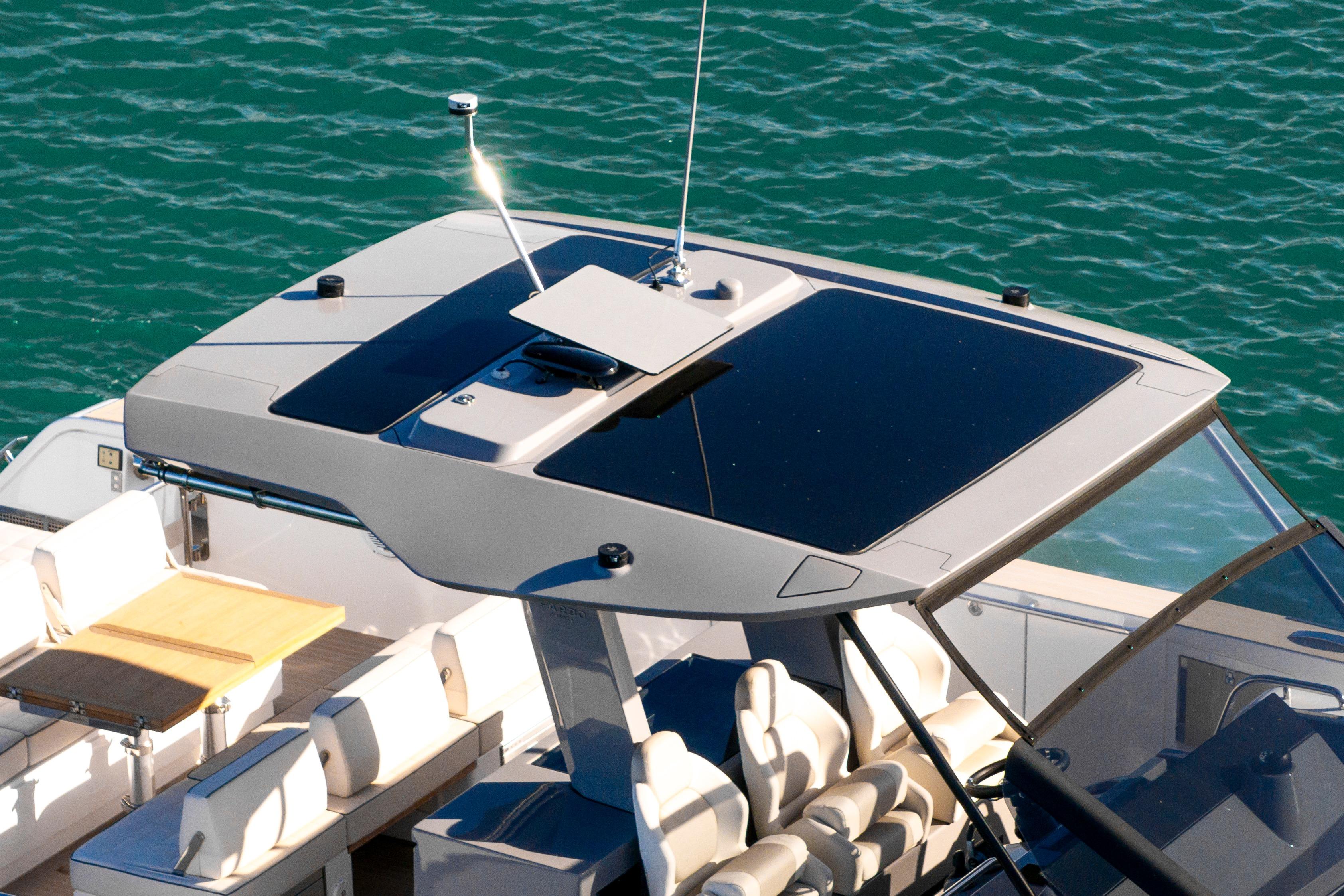 2024 Pardo Yachts P43 luxury yacht with sleek design and spacious seating on blue water.