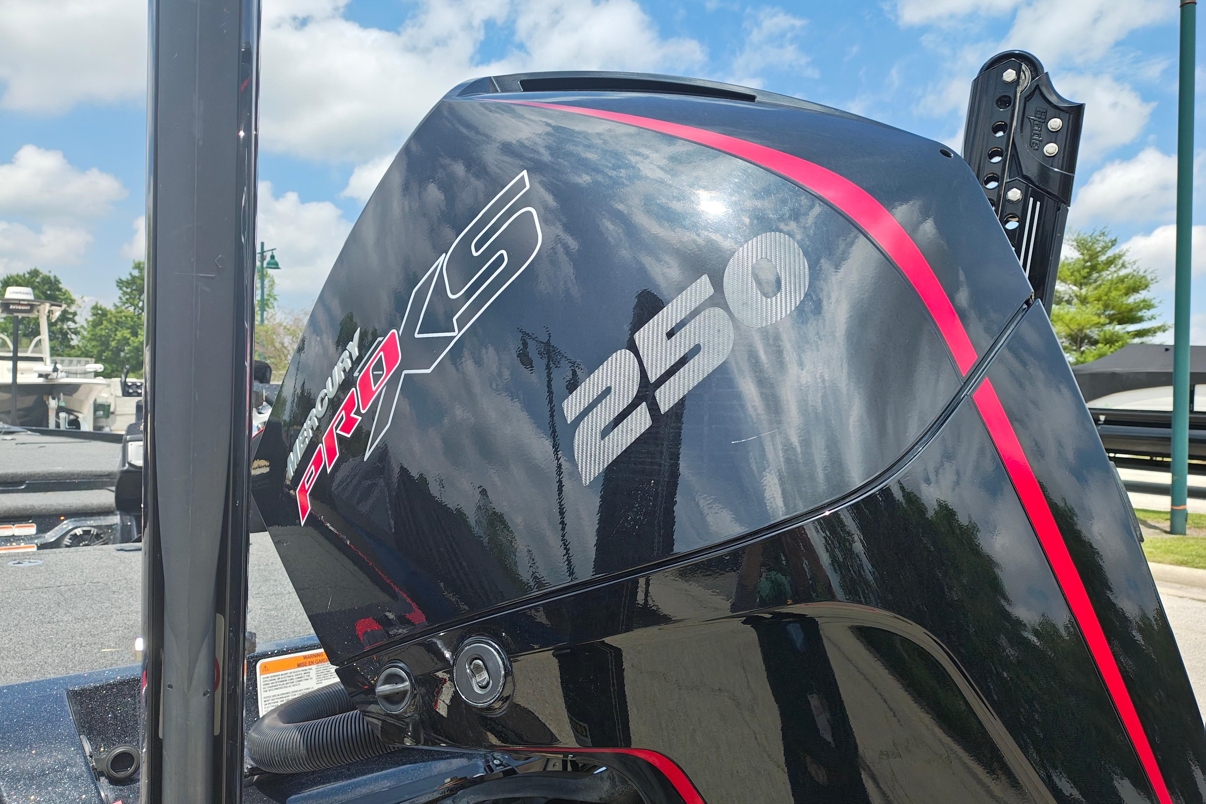 Mercury Pro XS 250 engine on 2022 Nitro Z21 XL Pro boat, outdoors.