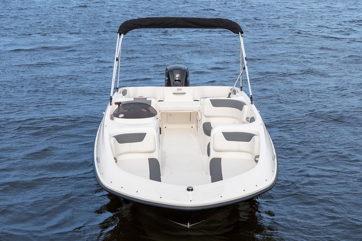 Manufacturer Provided Image: 2025 Bayliner Element E18 boat on water, featuring spacious seating and sleek design.