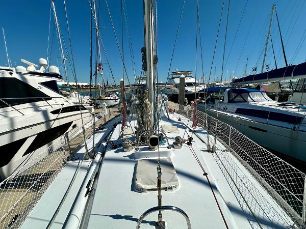 Deck view of 1989 Concordia 52 sailboat docked at marina.