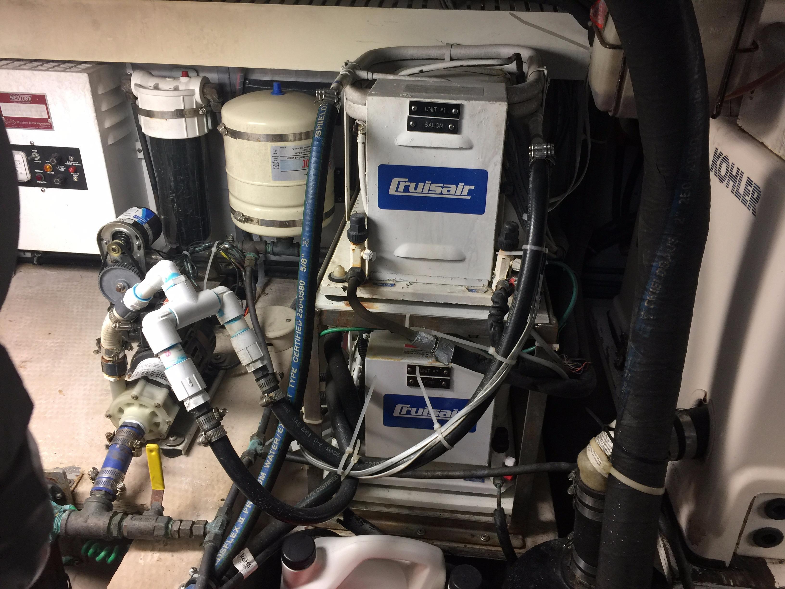 Engine room of 1989 Viking 41 Sportfish Convertible with Cruisair air conditioning.