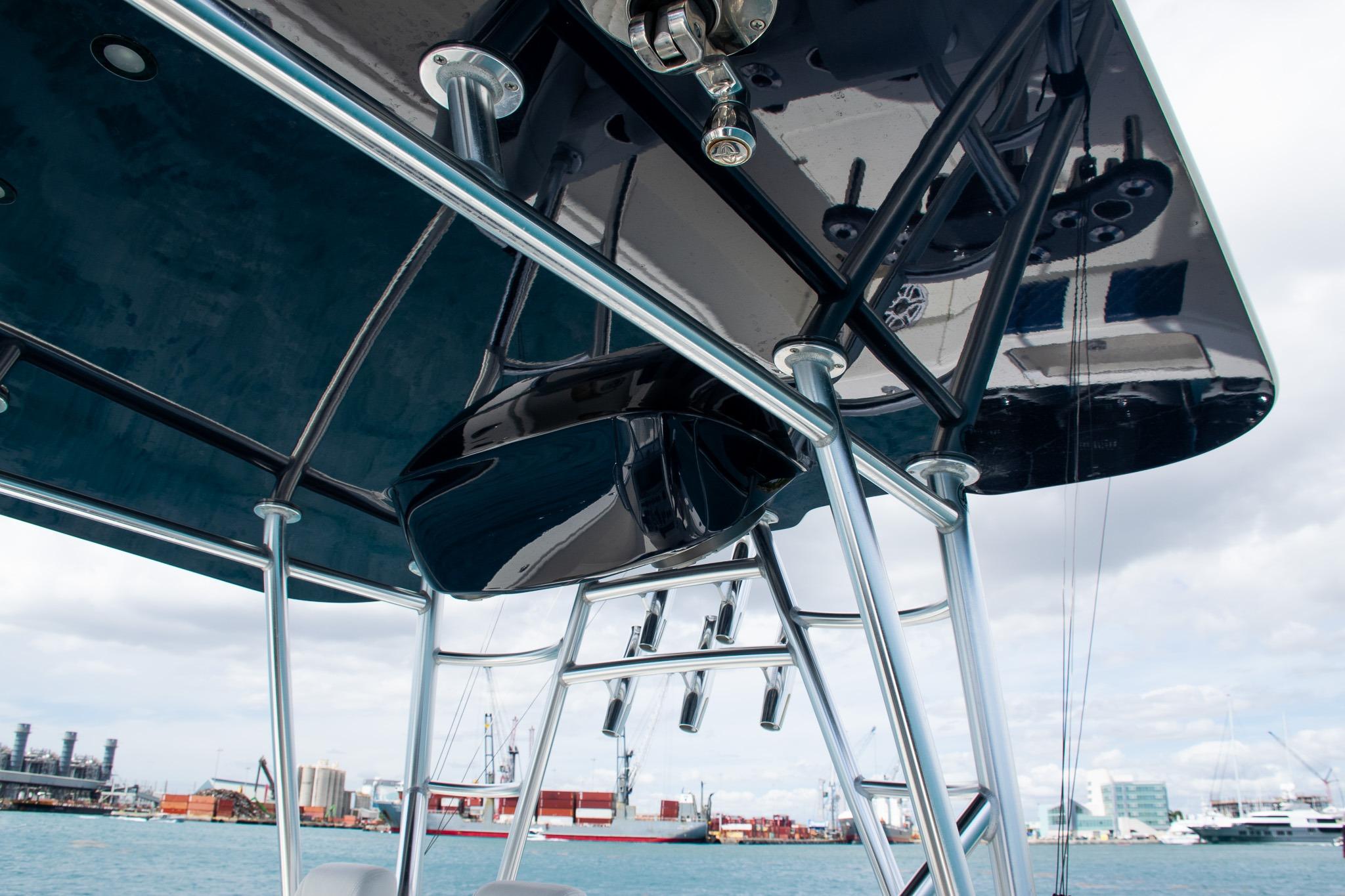 2022 SeaVee 390Z boat with sleek T-top and sturdy metal framework.