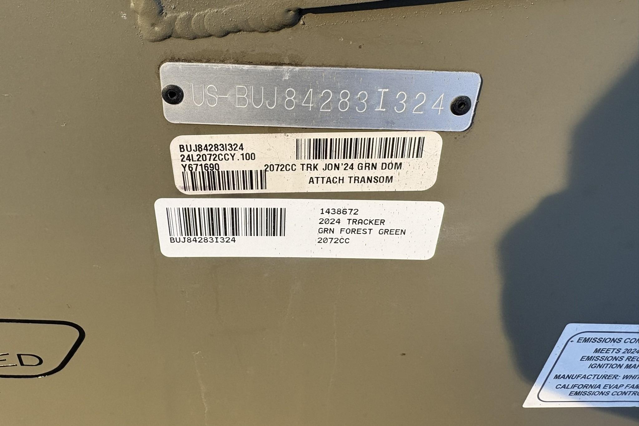 Serial number stickers on 2024 Tracker Grizzly 2072 CC boat.