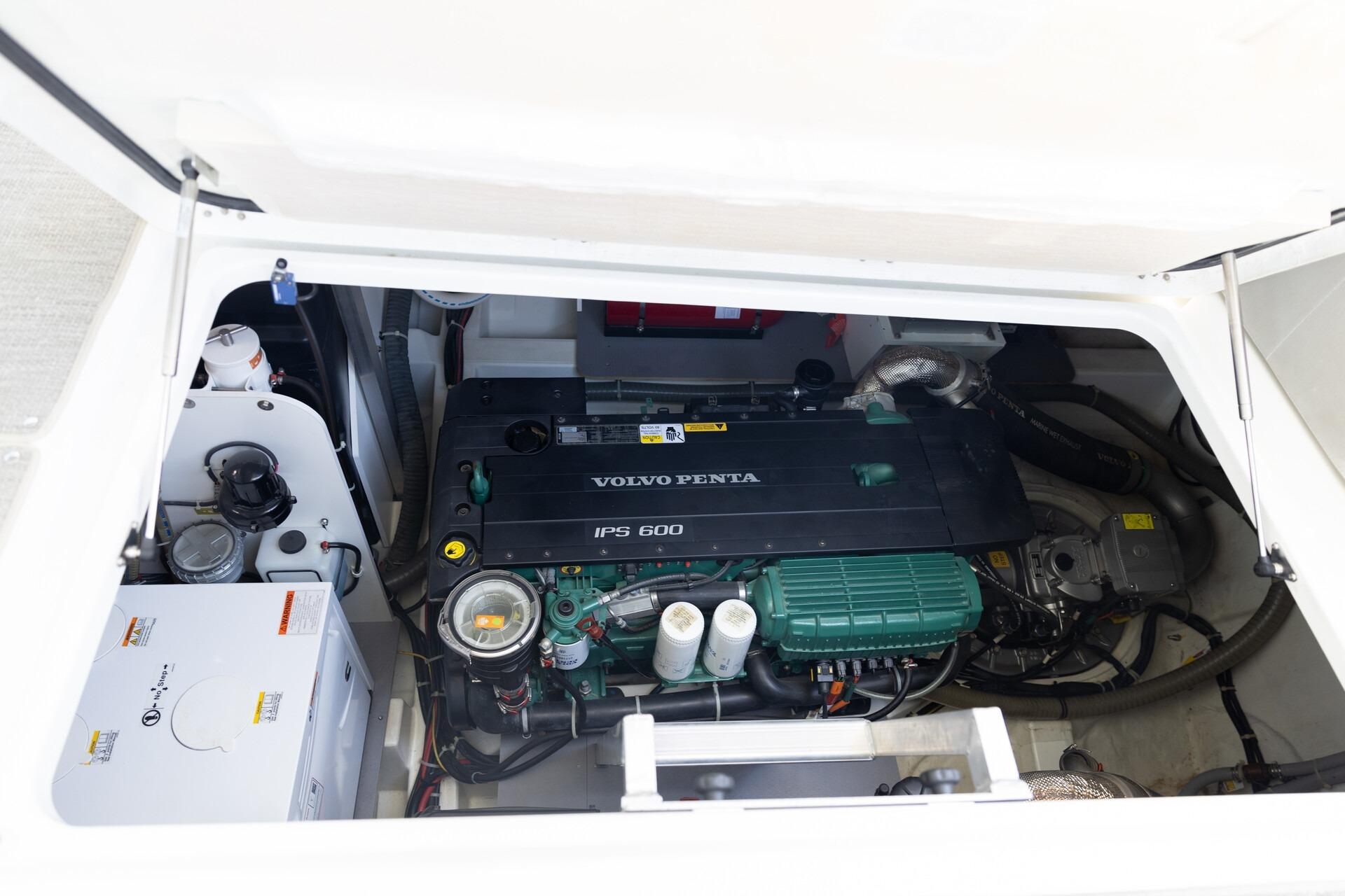 Engine compartment of 2019 Beneteau Gran Turismo 46 with Volvo Penta IPS 600.