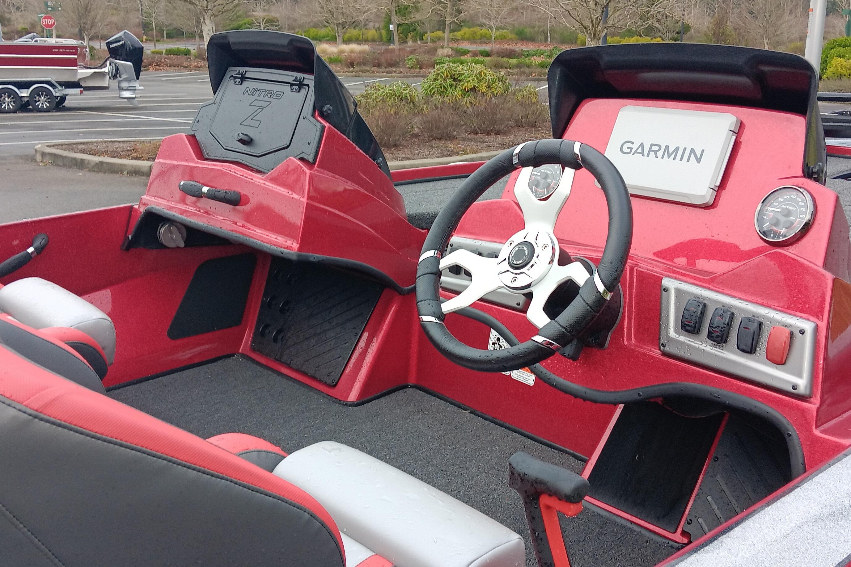 Interior of a 2026 Nitro Z18 Pro boat with Garmin navigation system.