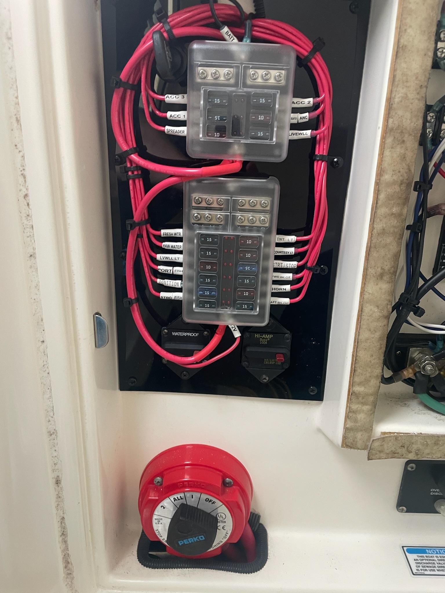 Electrical panel of a 2005 Boston Whaler Outrage 240 boat.