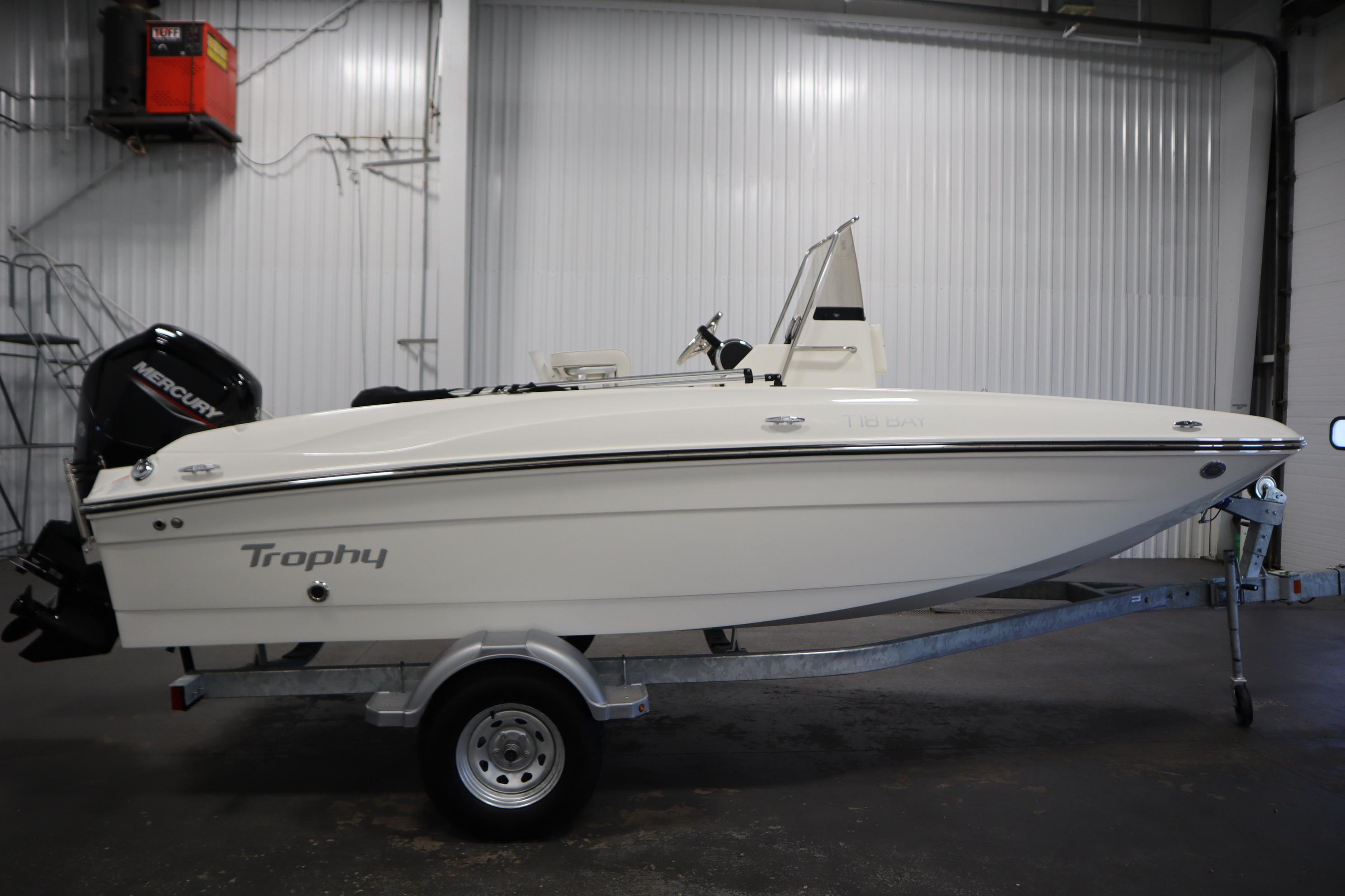 2026 Bayliner Trophy T18 boat on trailer in indoor setting.