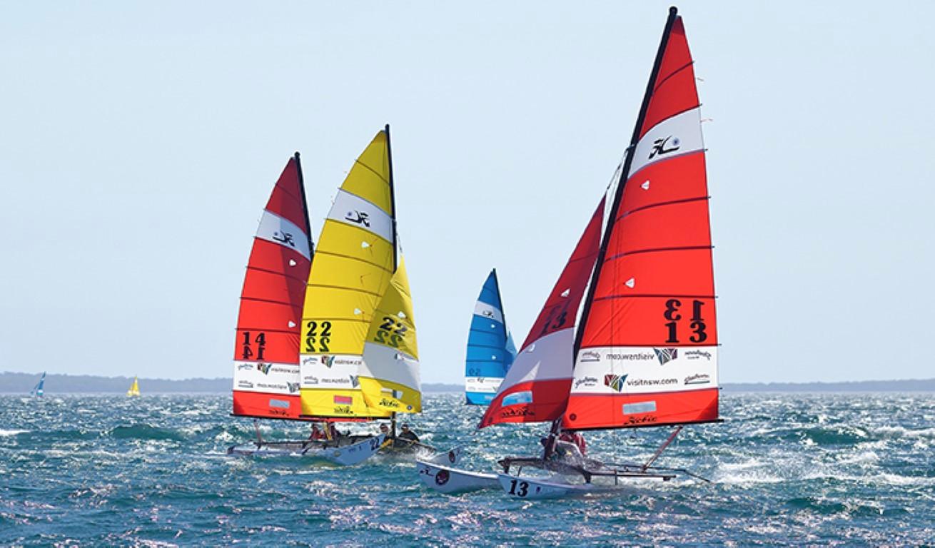 Colorful Hobie Cat H16 sailboats racing on the ocean, 2023 model.