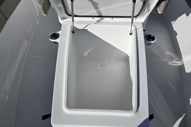 2026 Sea Hunt Ultra 275 Coffin Box interior view, open lid, spacious storage.