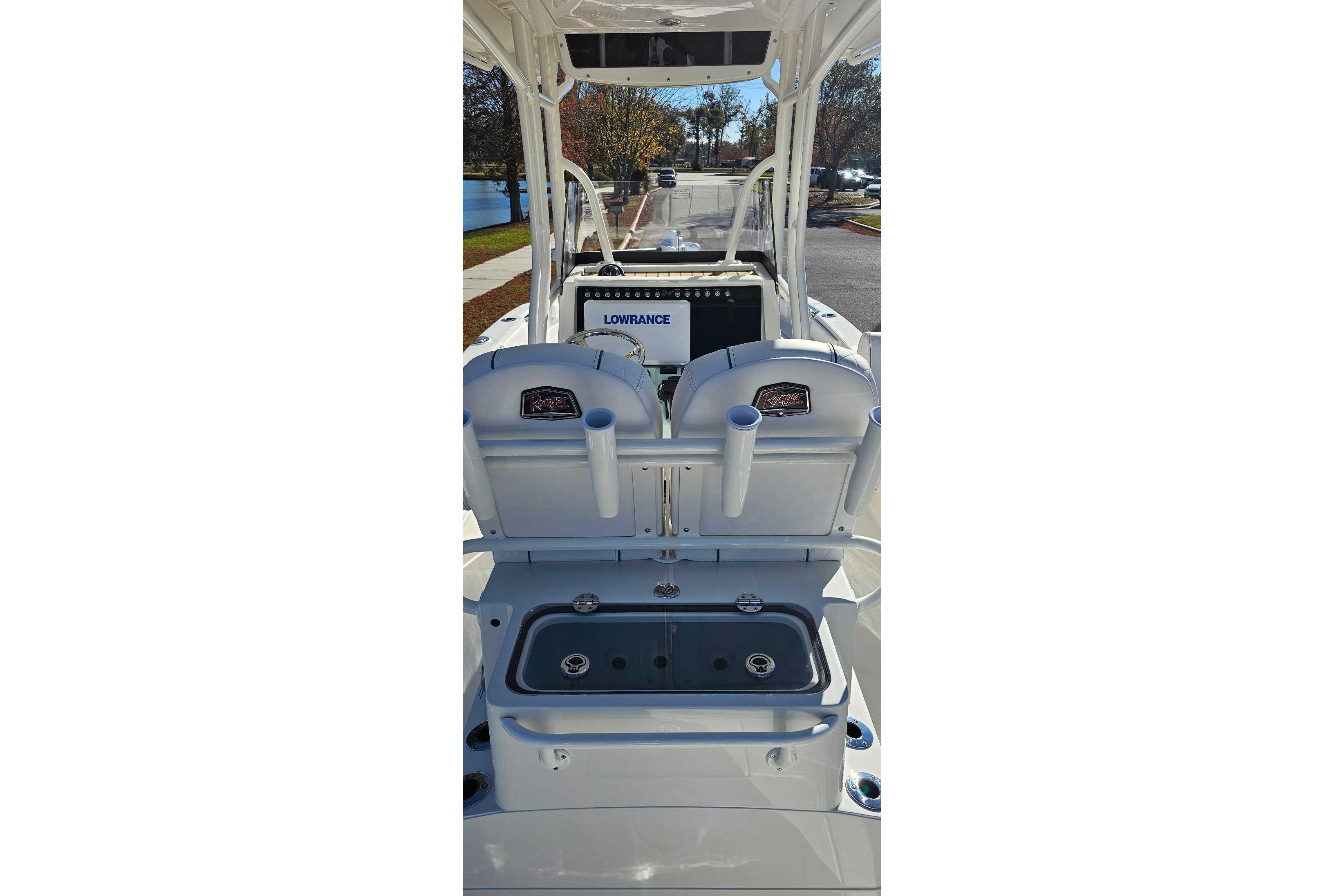 2026 Ranger 2660 Bay boat interior with seating and Lowrance electronics.