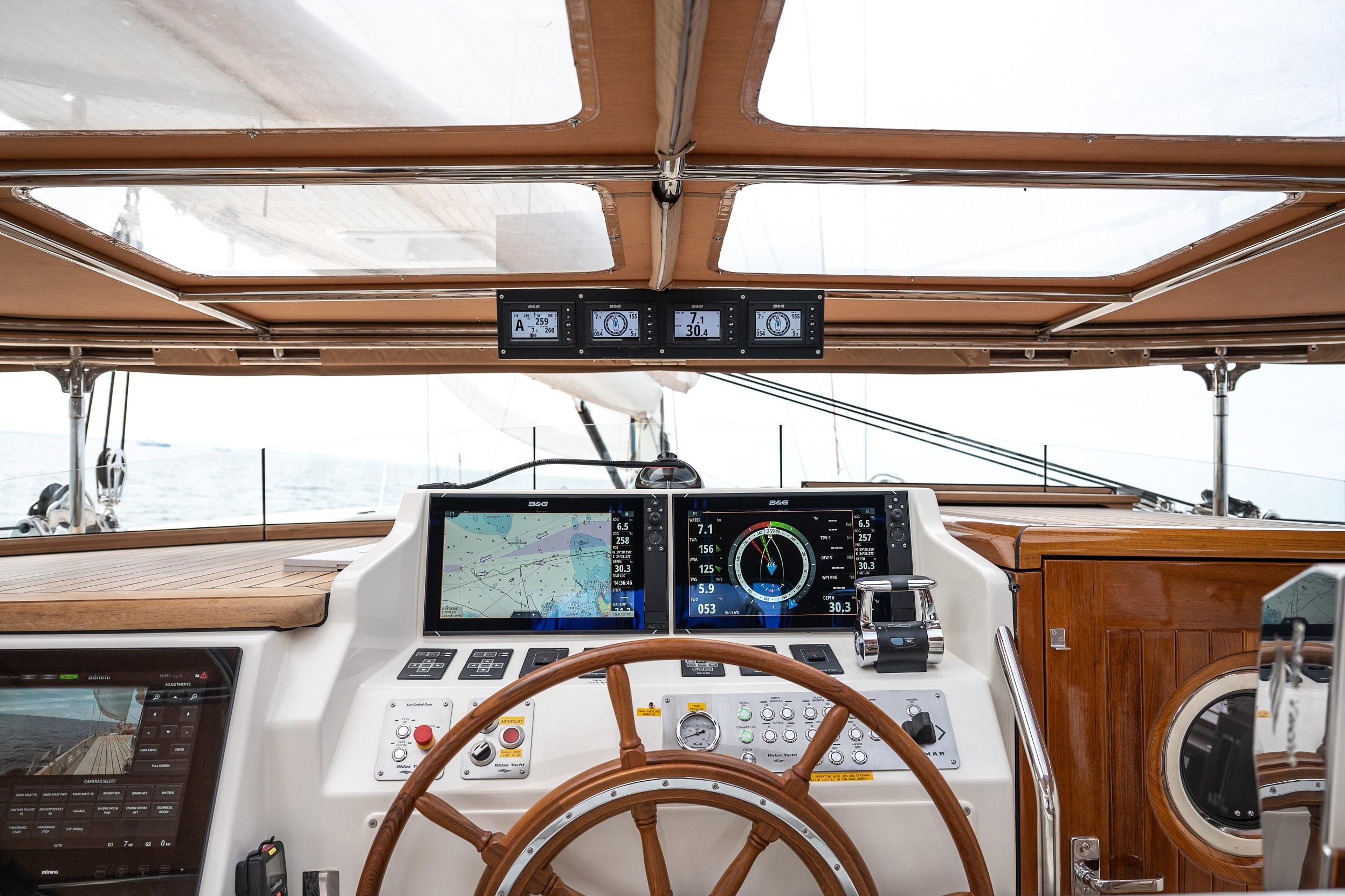 Luxurious 2022 Ridas Custom Yacht cockpit with advanced navigation systems and wooden steering wheel.