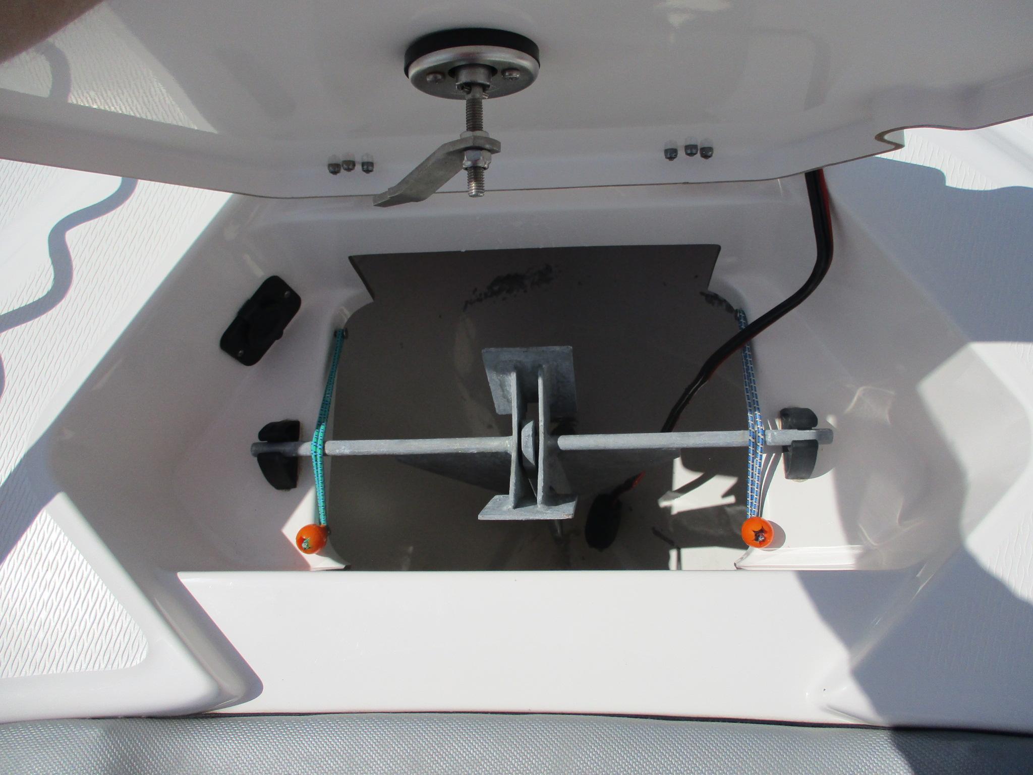 2024 Blue Wave 2800 Makaira anchor storage compartment with secure fittings.