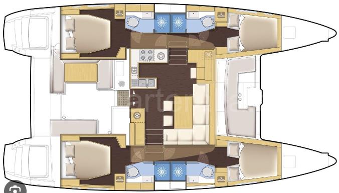 Floor plan of a 2012 Lagoon 450 catamaran, featuring cabins, bathrooms, and a central living area.