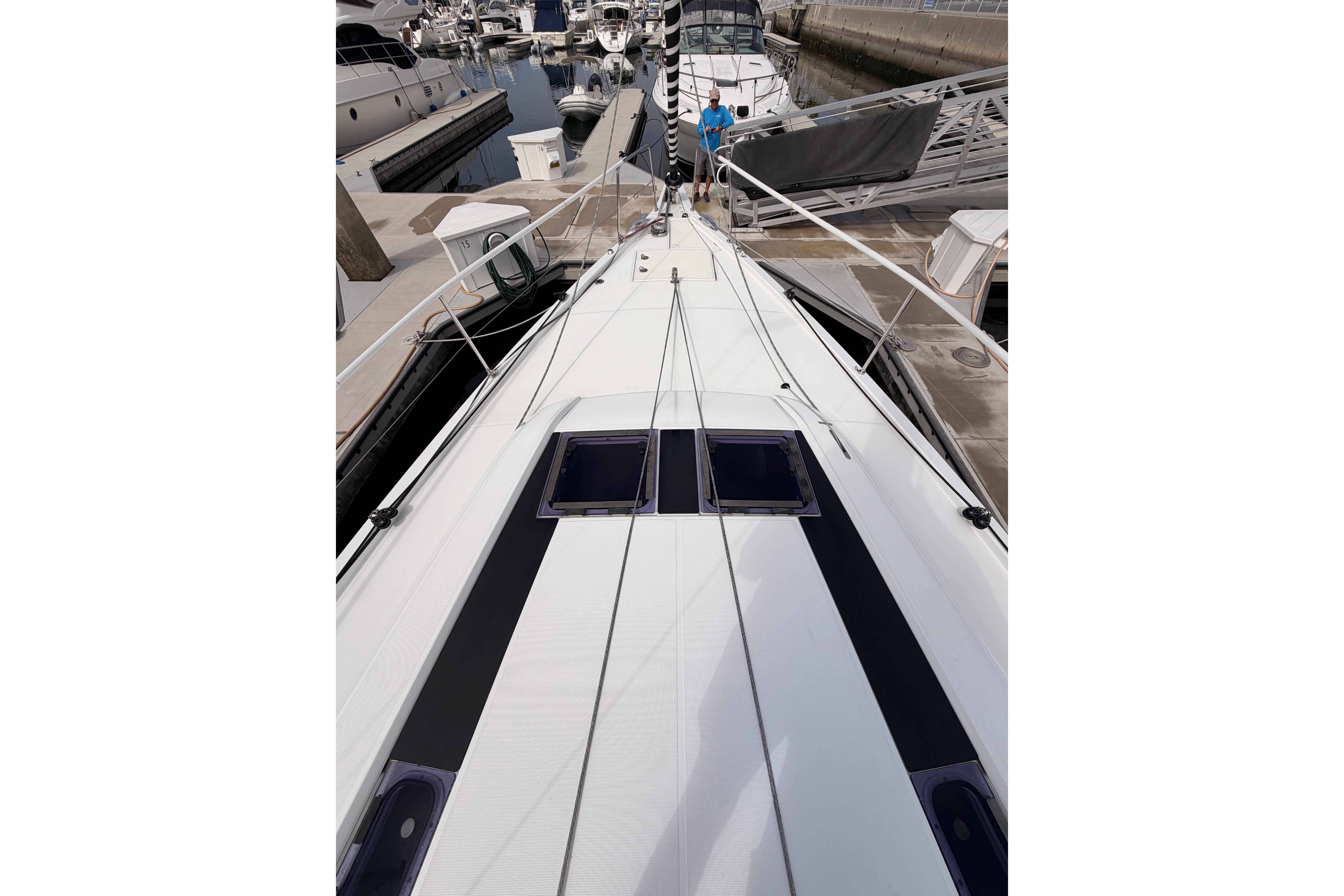 2020 Beneteau Oceanis 46.1 yacht docked at marina, view from deck.