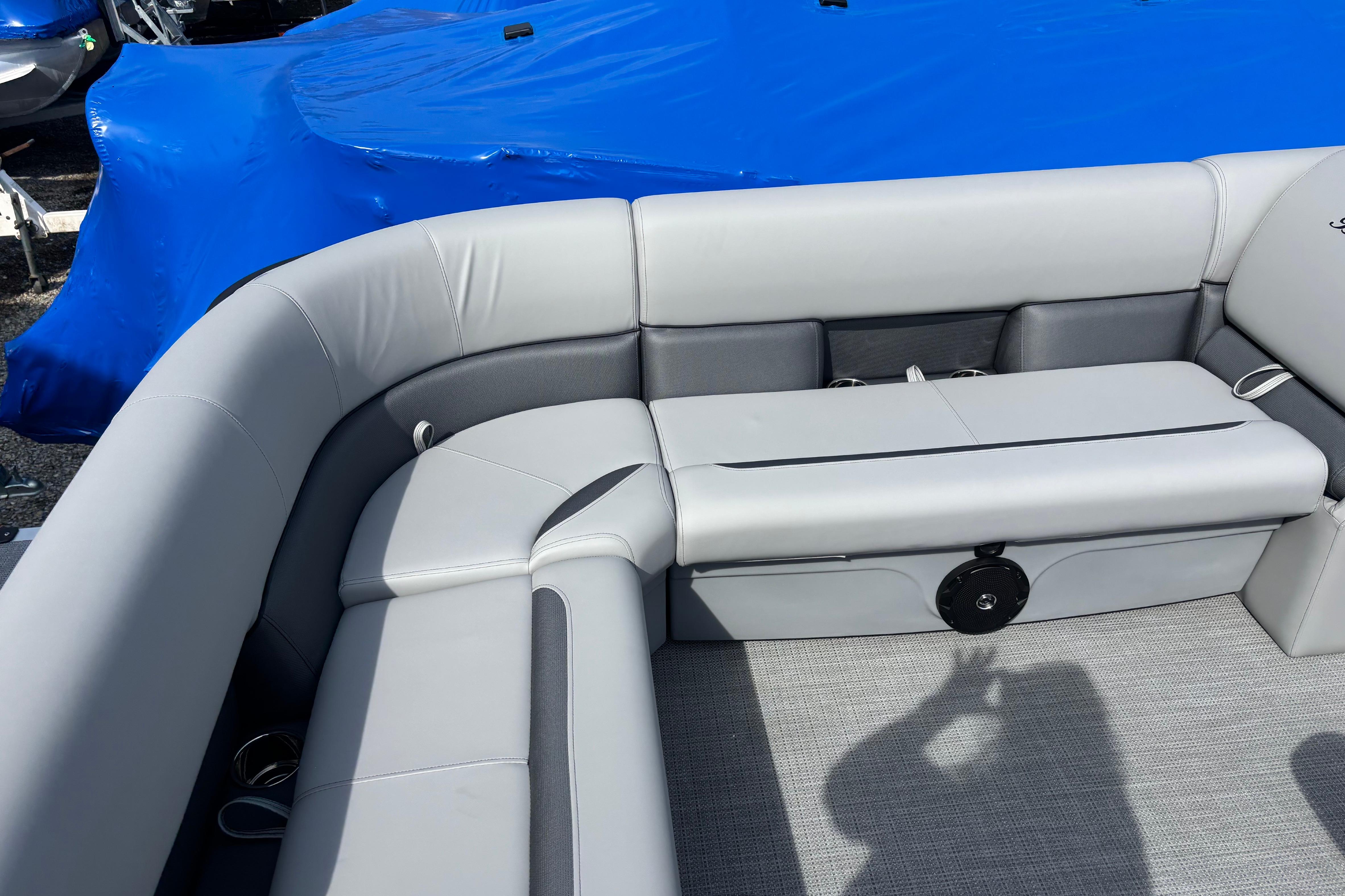 2026 Bentley Pontoons Legacy 220 Cruise XL interior seating with gray upholstery.