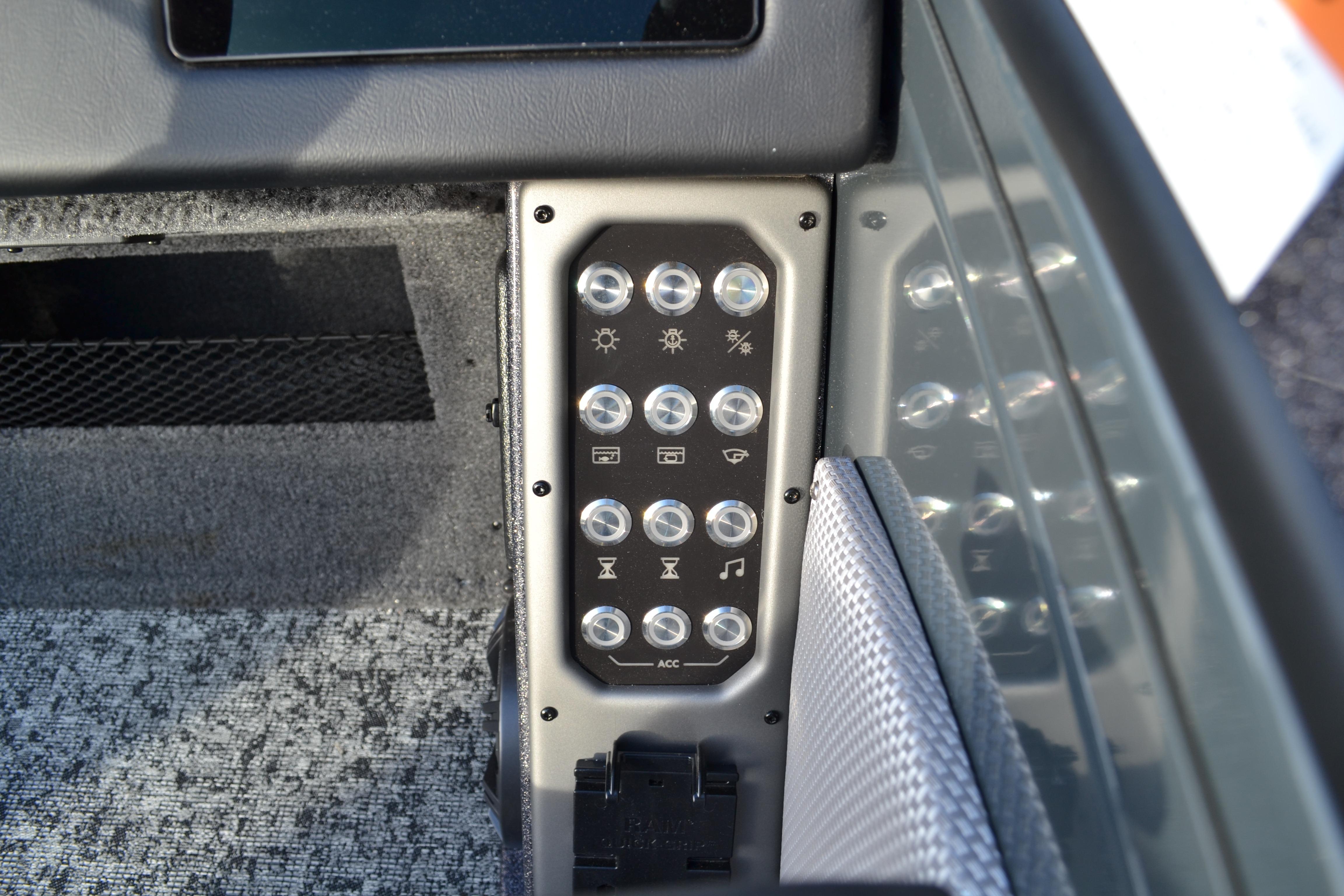 Control panel of 2026 Ranger VX1888 WT boat with various function buttons.