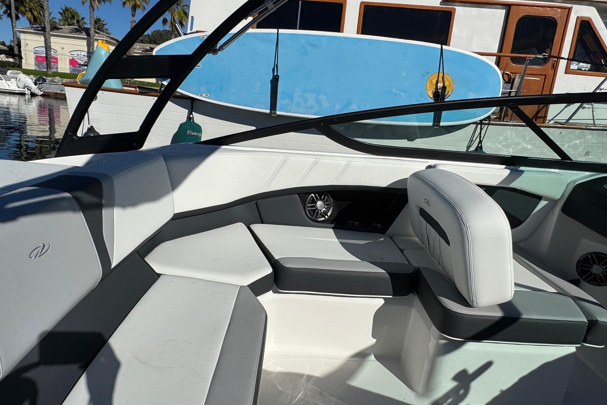 Interior of 2026 Regal 21 OBX boat with modern seating and sleek design.