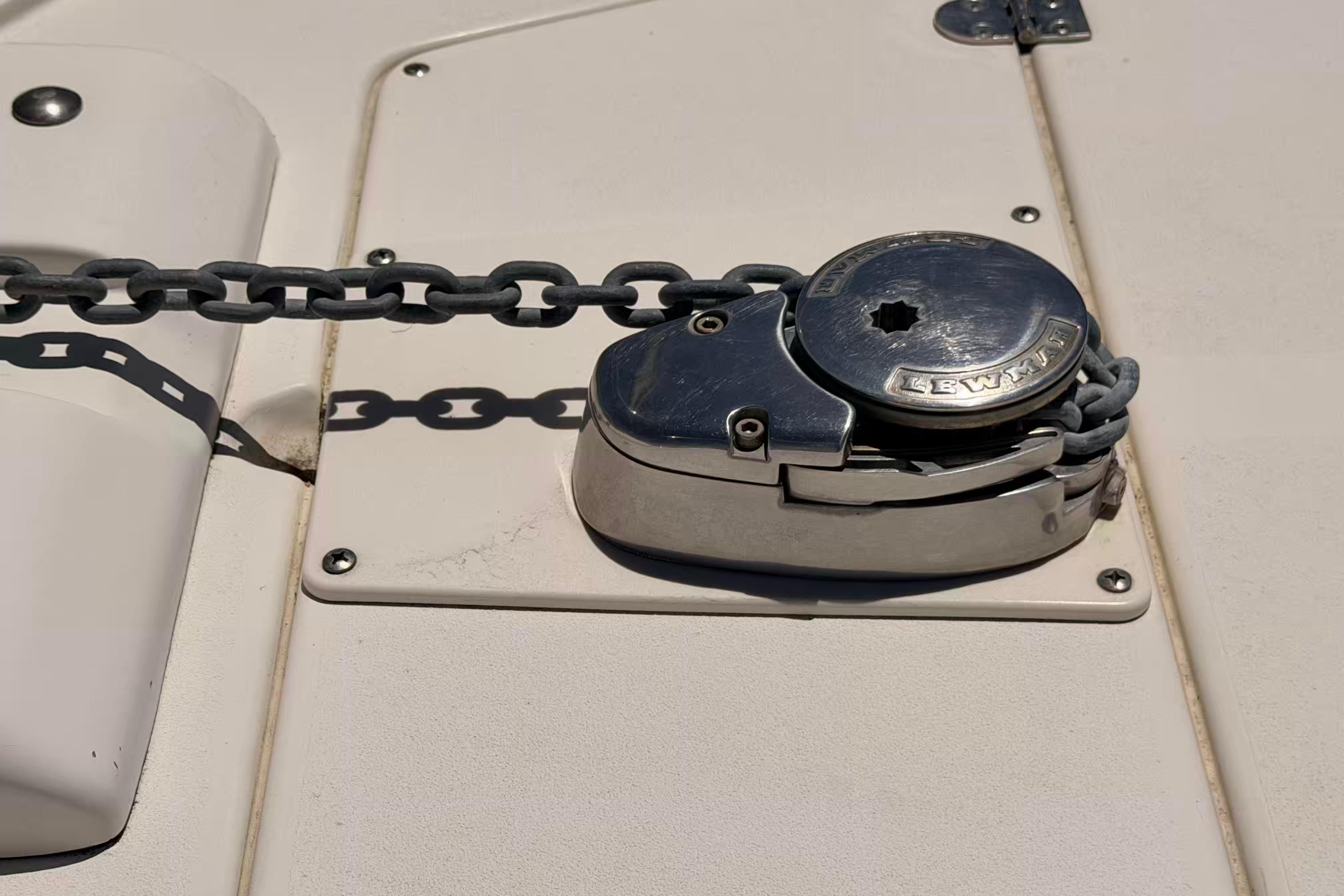 Anchor chain mechanism on 2007 Scout 262 Abaco boat deck.