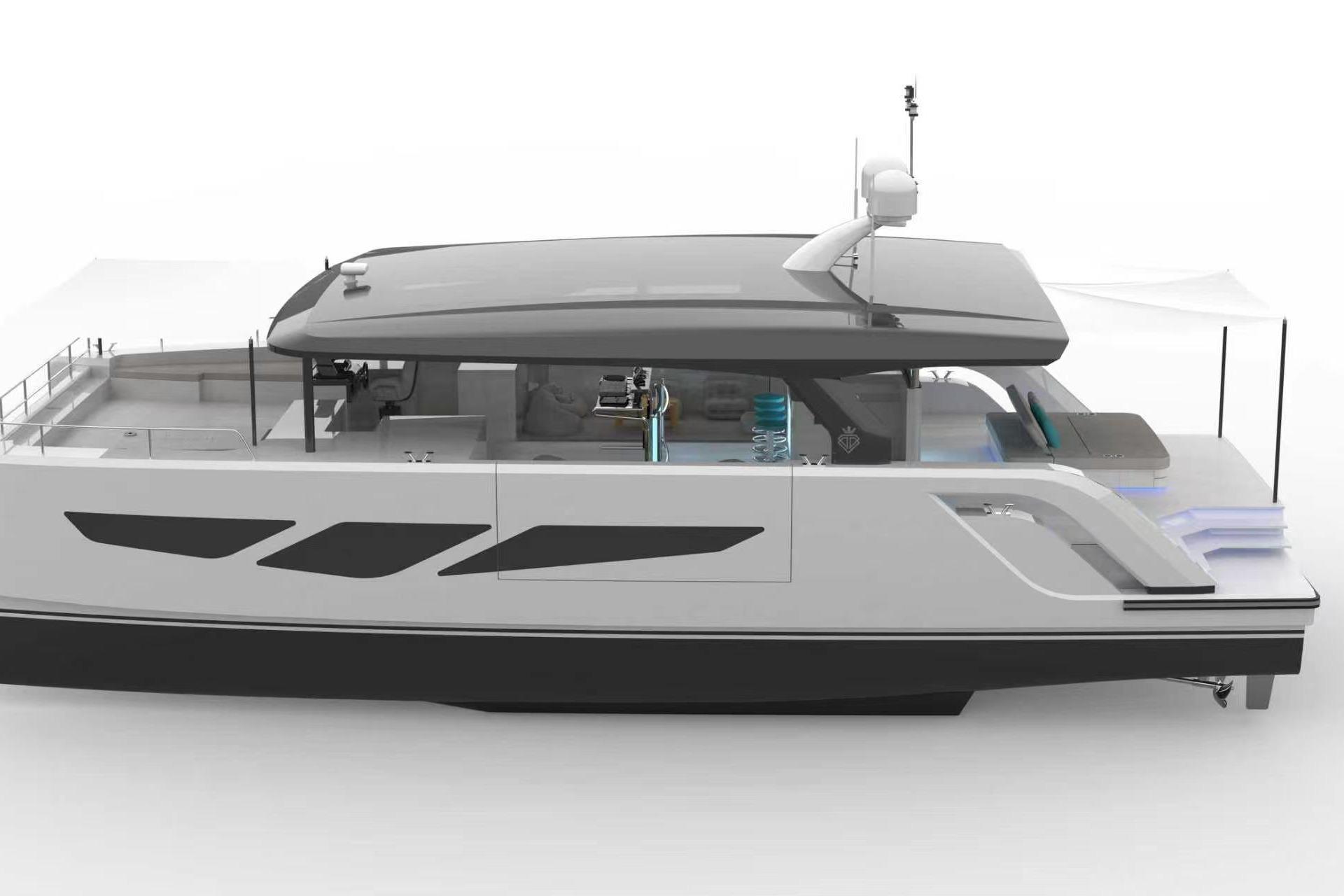 2026 Diamond Yachts P55 Power Catamaran, sleek design, modern amenities, side view.