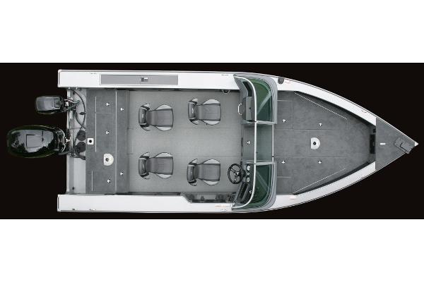 Manufacturer Provided Image: Top view of a 2019 Lund 2175 Pro-V fishing boat with four seats and dual outboard motors.