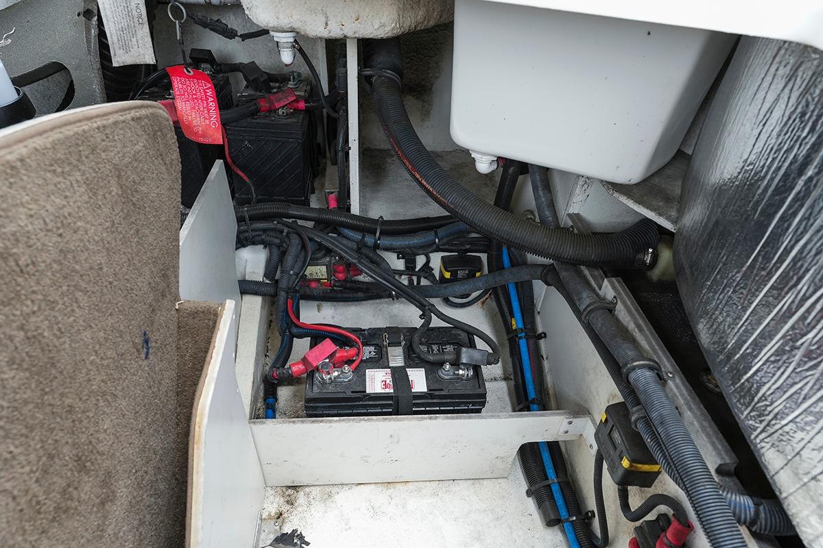 2018 Sea Ray SLX 350 engine compartment with battery and wiring setup.