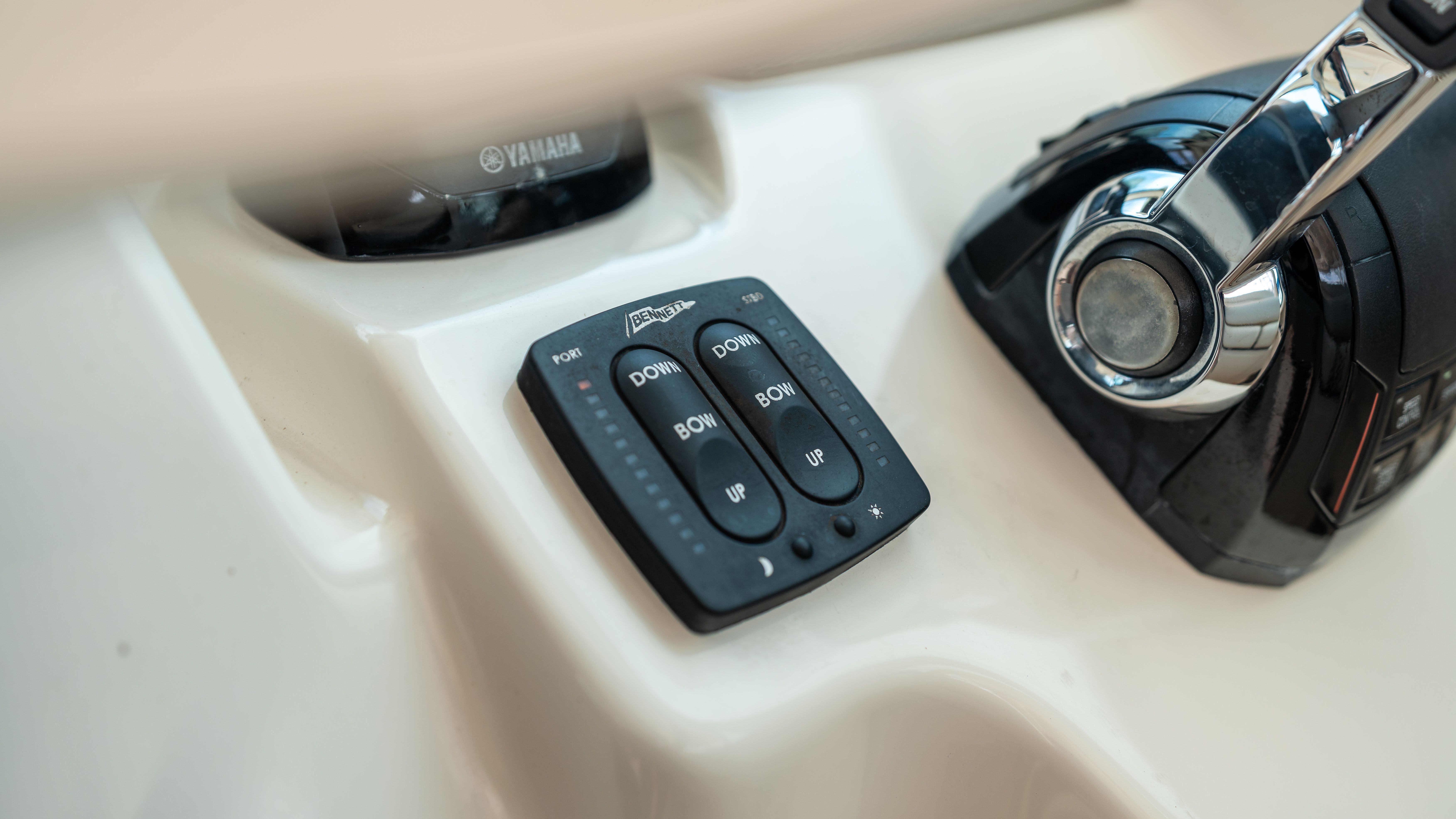 Close-up of the control console on a Grady-White 375 Freedom with Yamaha controls.