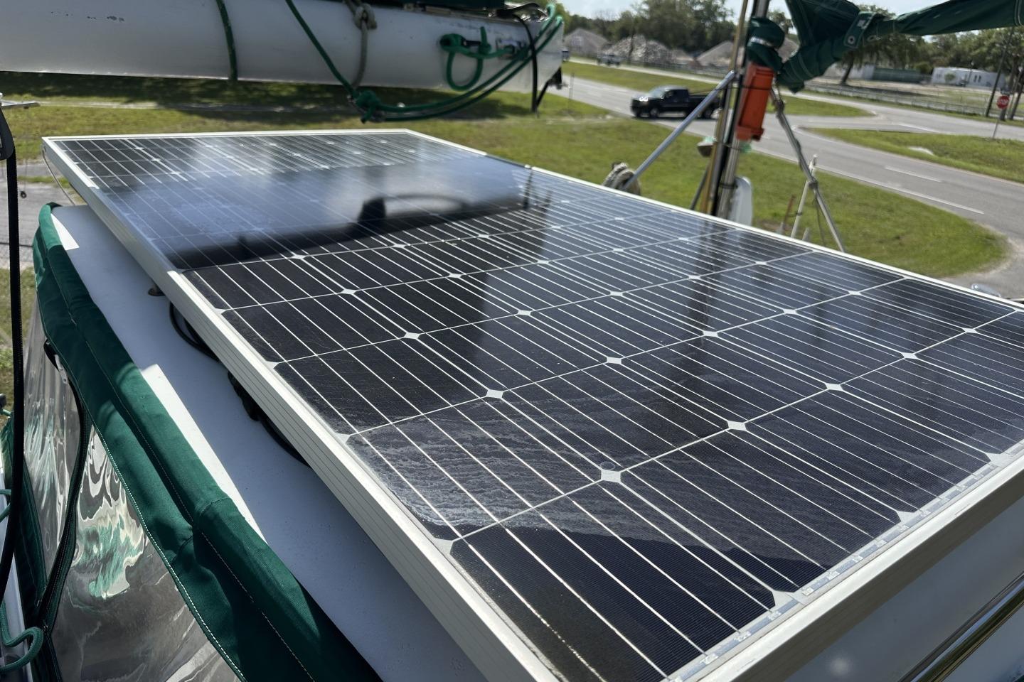Solar panels installed on a 1976 Valiant 40 sailboat, harnessing renewable energy.