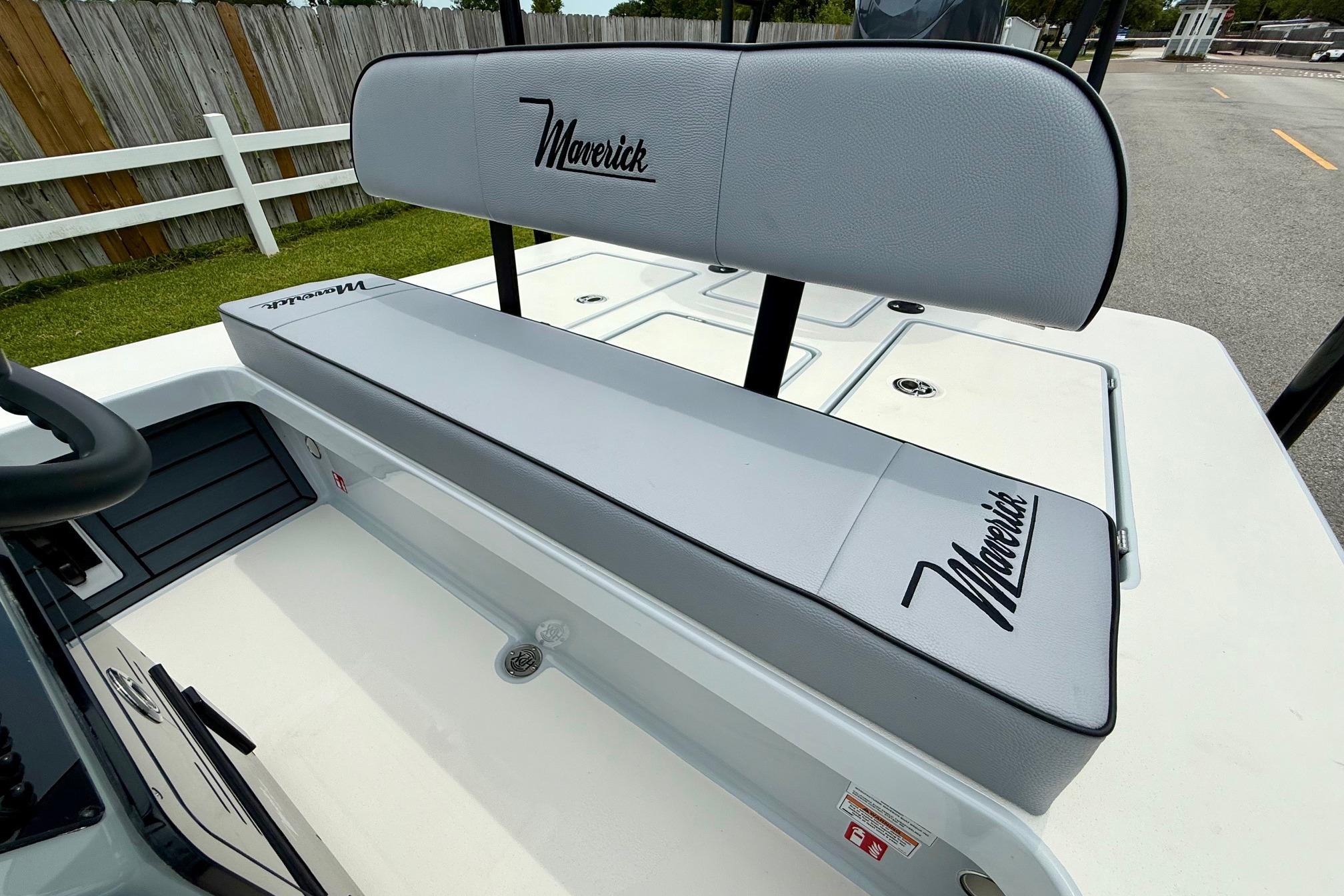 2026 Maverick 17 HPX-S boat interior with branded seating and sleek design.