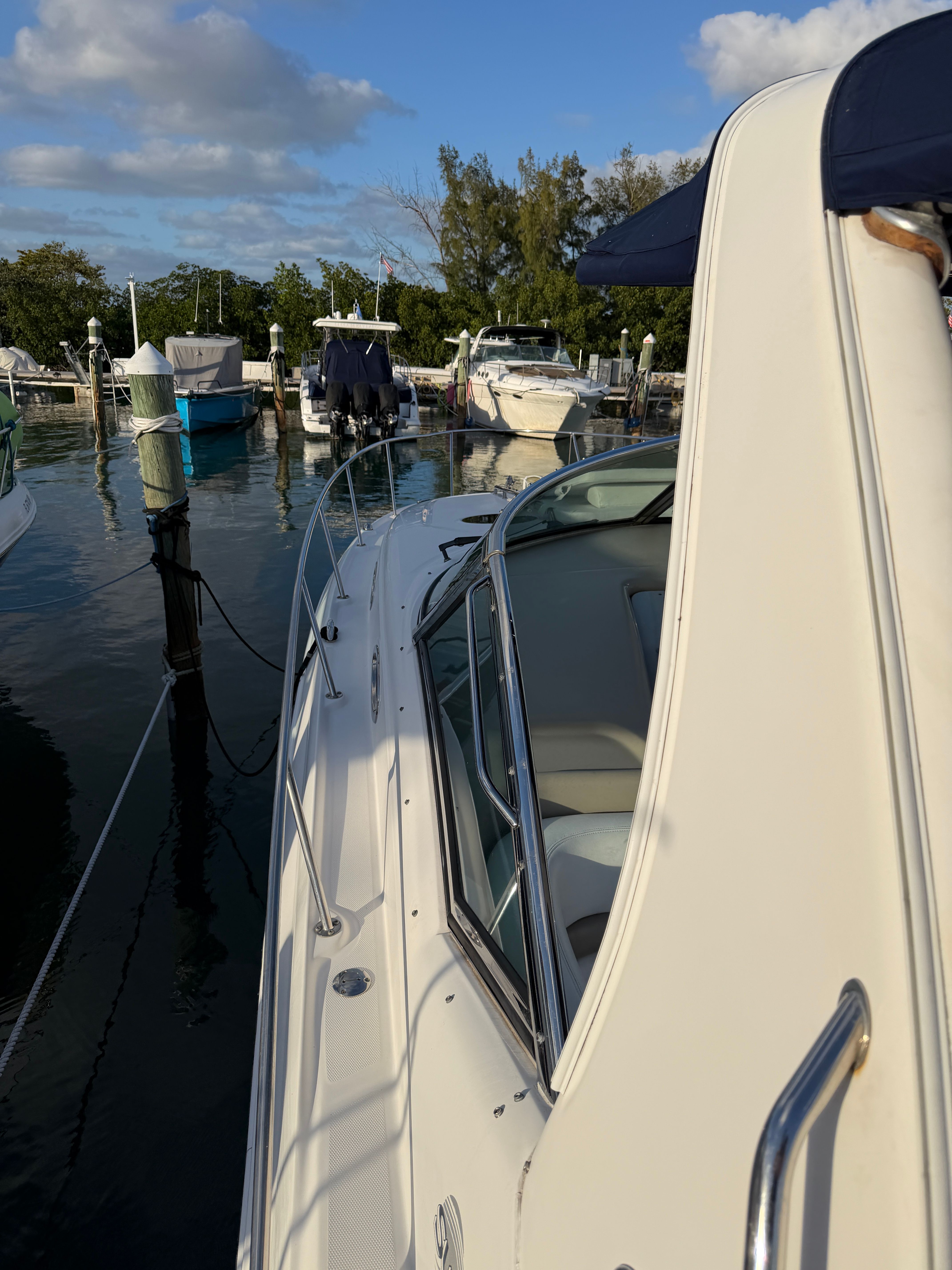 A 2006 Sea Ray Sundancer 320 is docked in a calm marina.