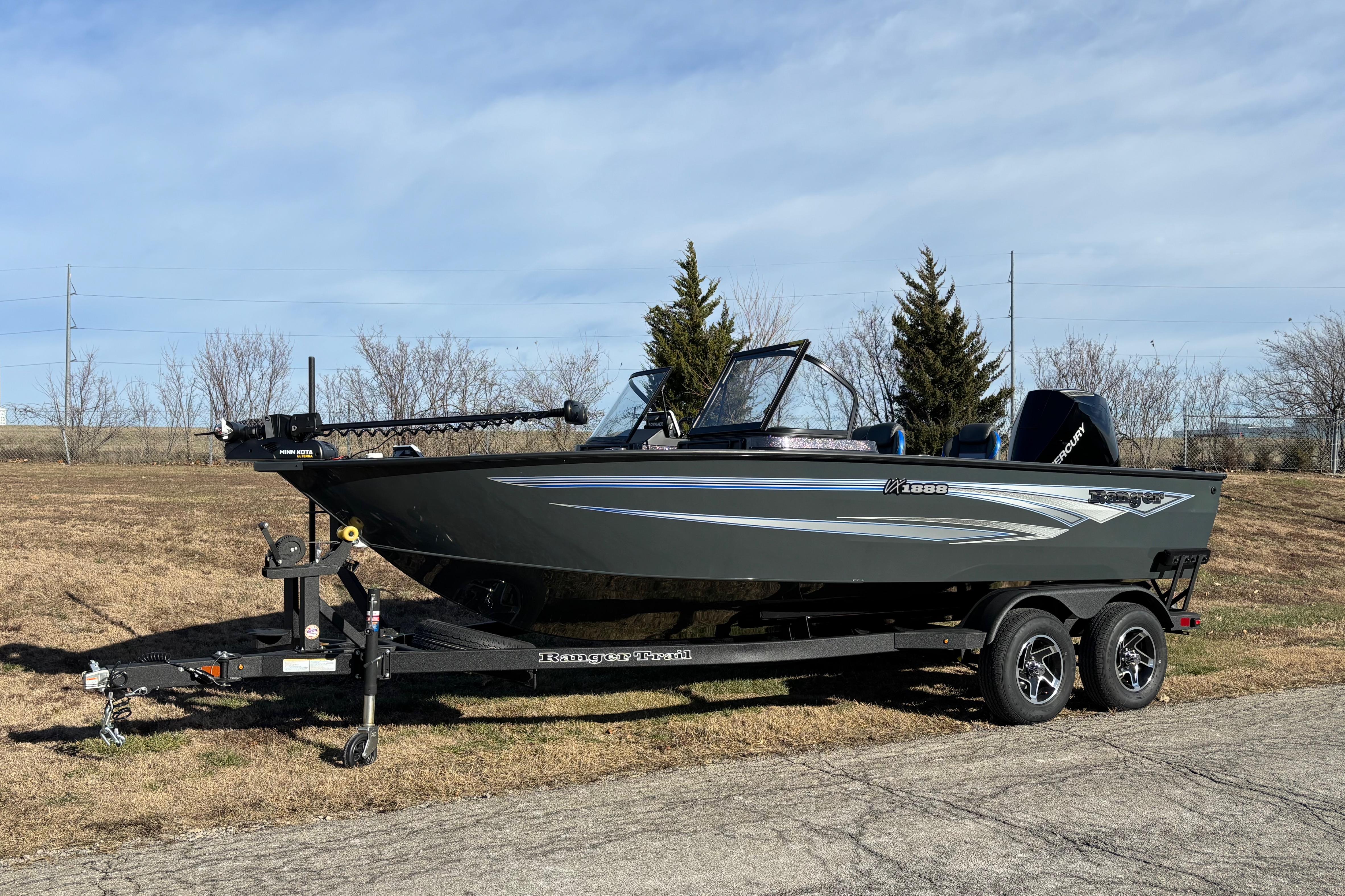 2026 Ranger VX1888 WT fishing boat on trailer, parked outdoors.